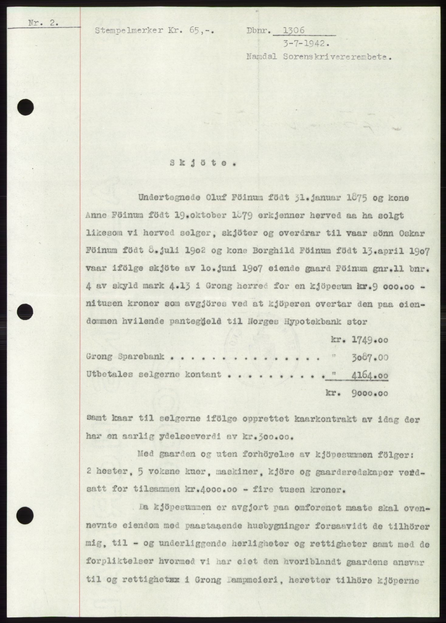 Namdal sorenskriveri, SAT/A-4133/1/2/2C: Pantebok nr. -, 1942-1943, Dagboknr: 1306/1942