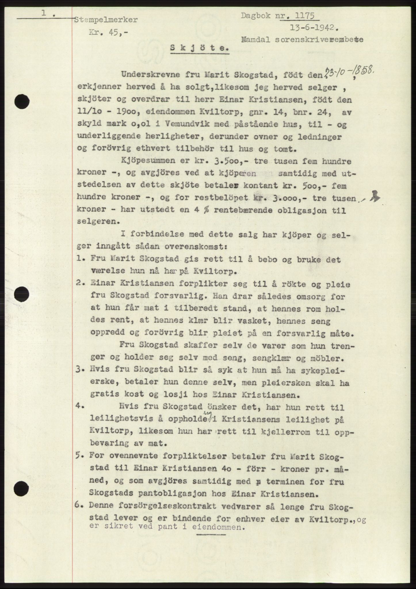 Namdal sorenskriveri, SAT/A-4133/1/2/2C: Pantebok nr. -, 1941-1942, Dagboknr: 1175/1942