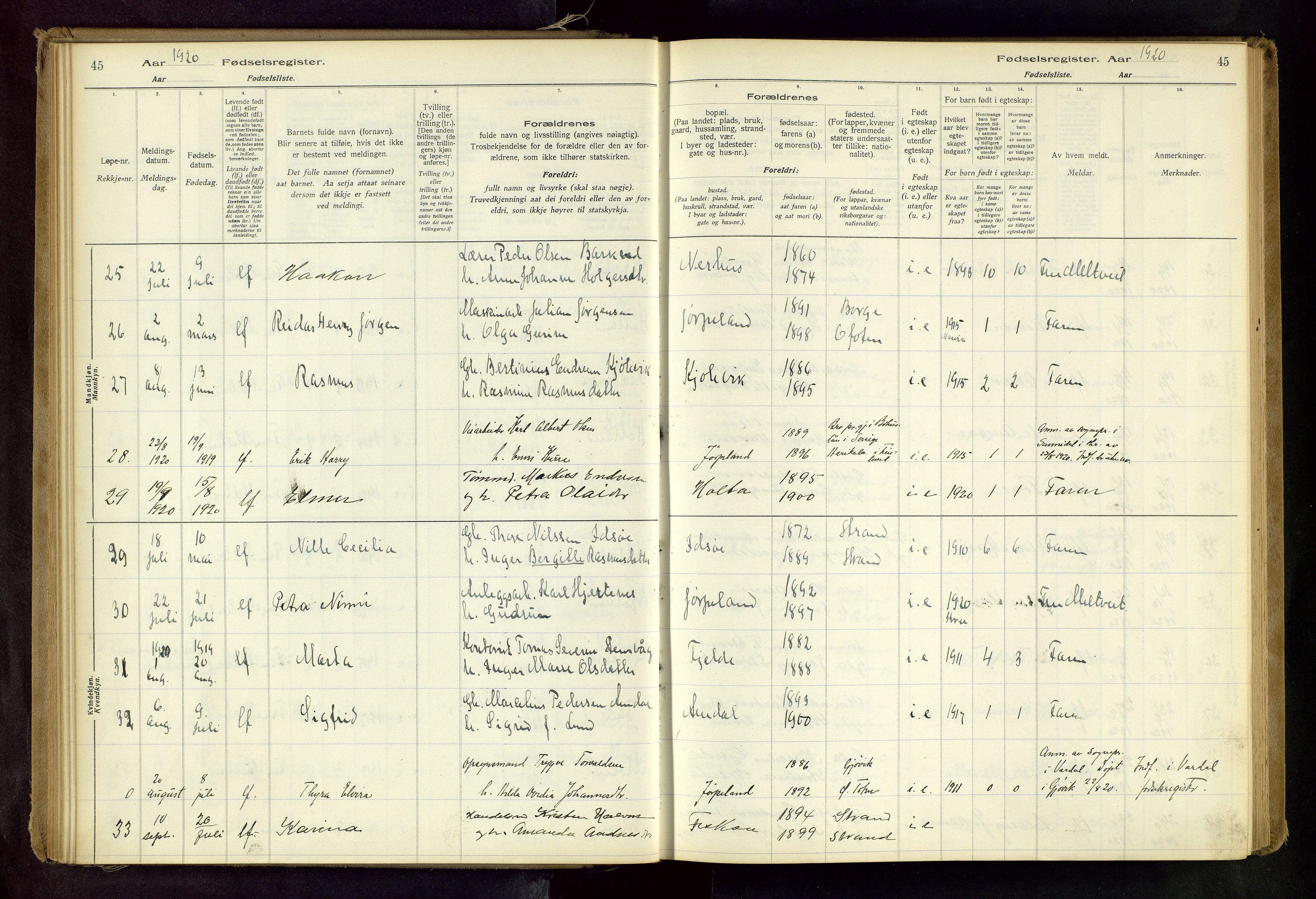 Strand sokneprestkontor, AV/SAST-A-101828/I/Id/L0001: Fødselsregister nr. 1, 1916-1938, s. 45
