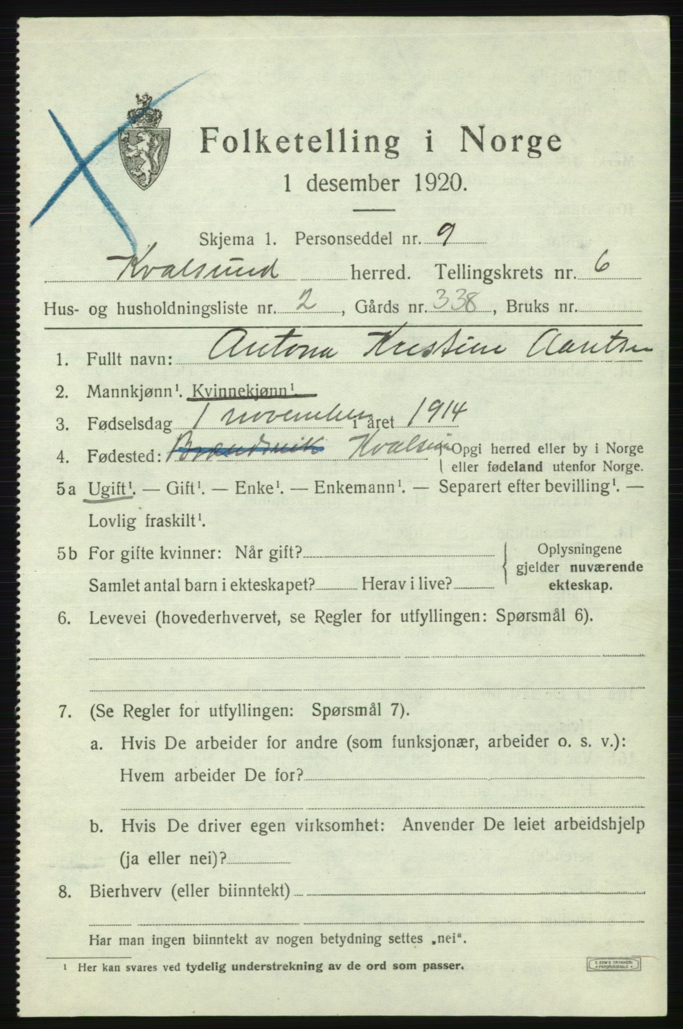 SATØ, Folketelling 1920 for 2017 Kvalsund herred, 1920, s. 2008