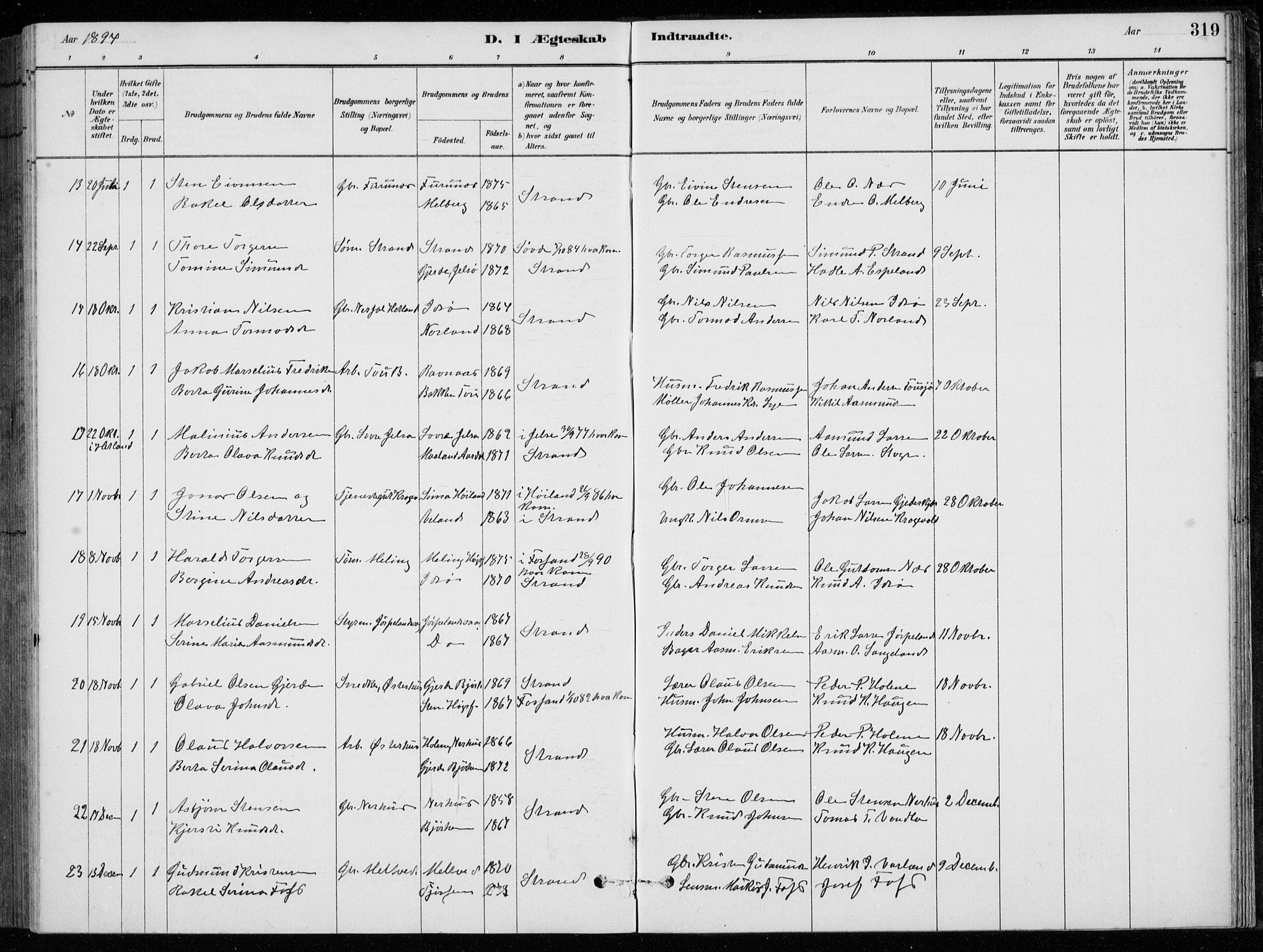 Strand sokneprestkontor, AV/SAST-A-101828/H/Ha/Hab/L0004: Klokkerbok nr. B 4, 1878-1903, s. 319