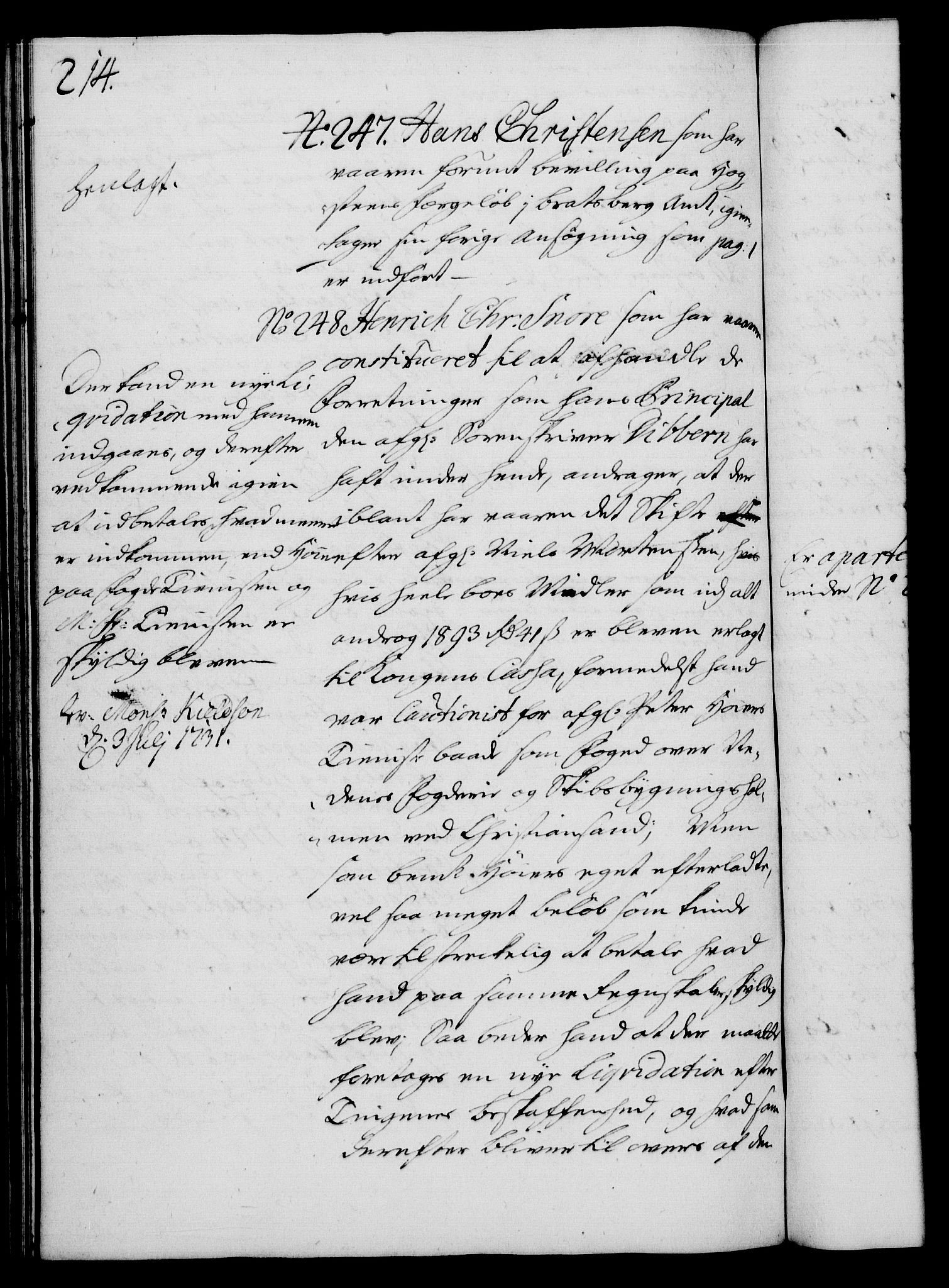 Rentekammeret, Kammerkanselliet, RA/EA-3111/G/Gh/Gha/L0013: Norsk ekstraktmemorialprotokoll (merket RK 53.58), 1731, s. 214