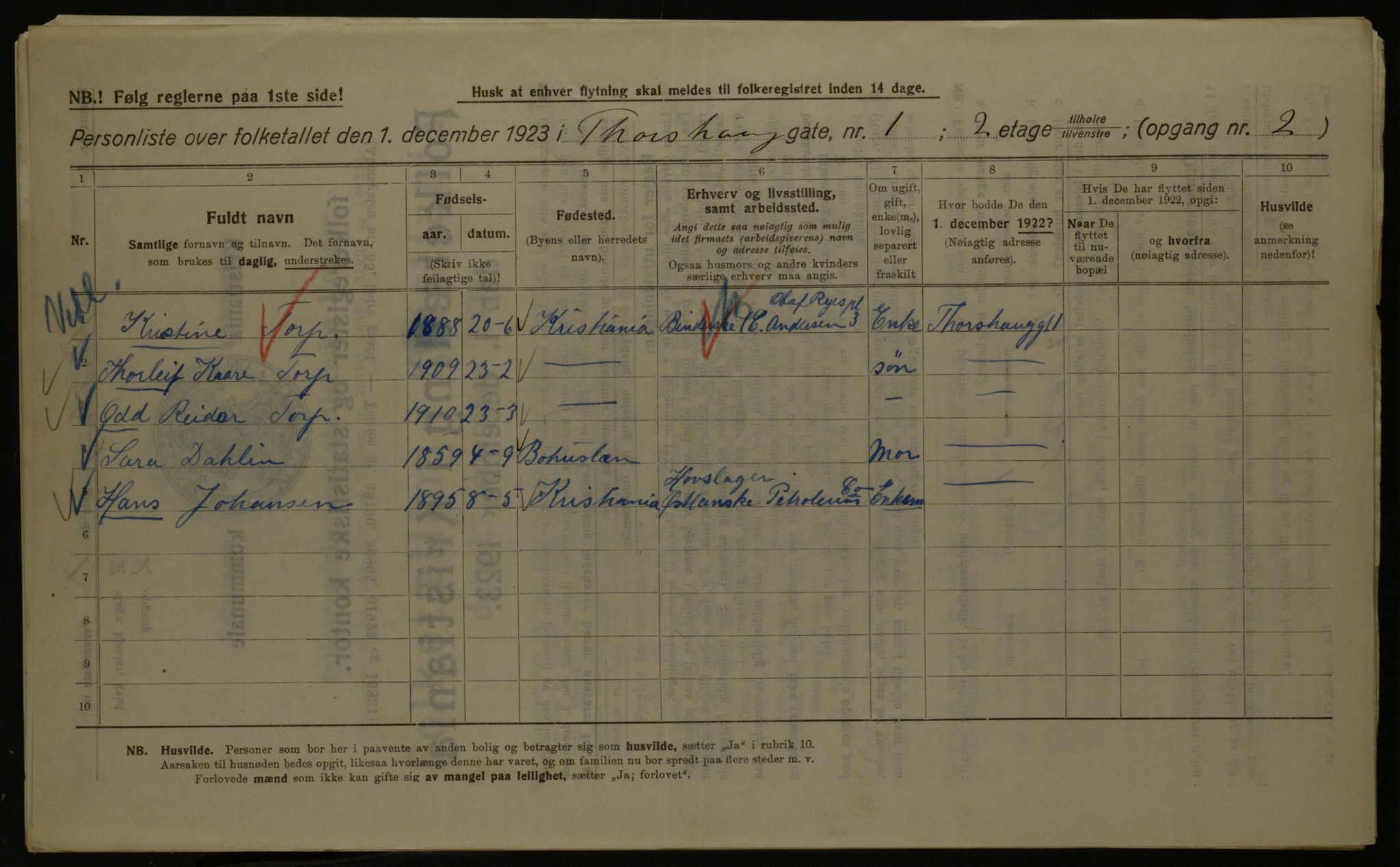 OBA, Kommunal folketelling 1.12.1923 for Kristiania, 1923, s. 126178