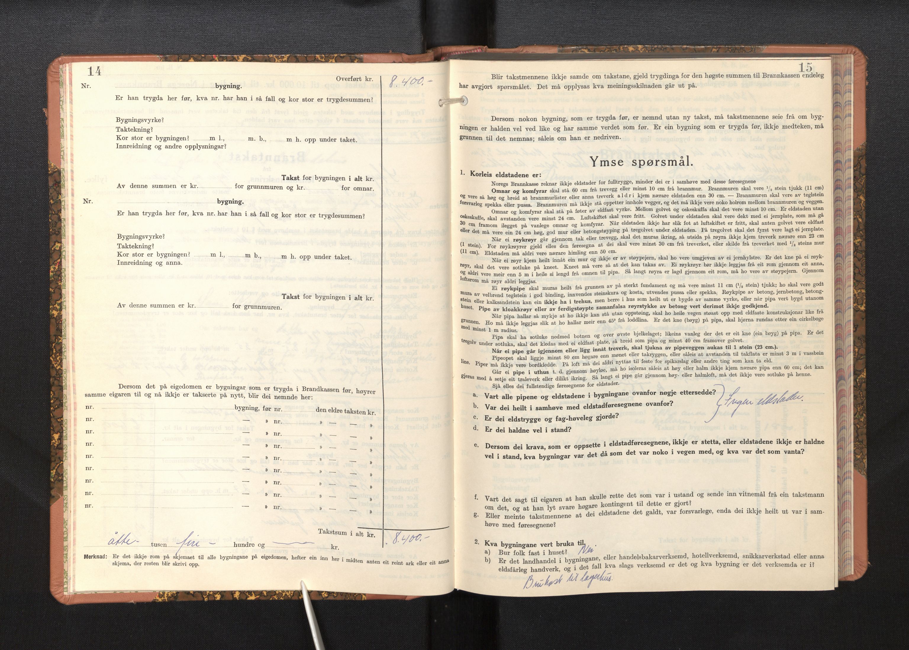 Lensmannen i Stryn, SAB/A-30101/0012/L0003: Branntakstprotokoll, skjematakst, 1942-1950, s. 14-15