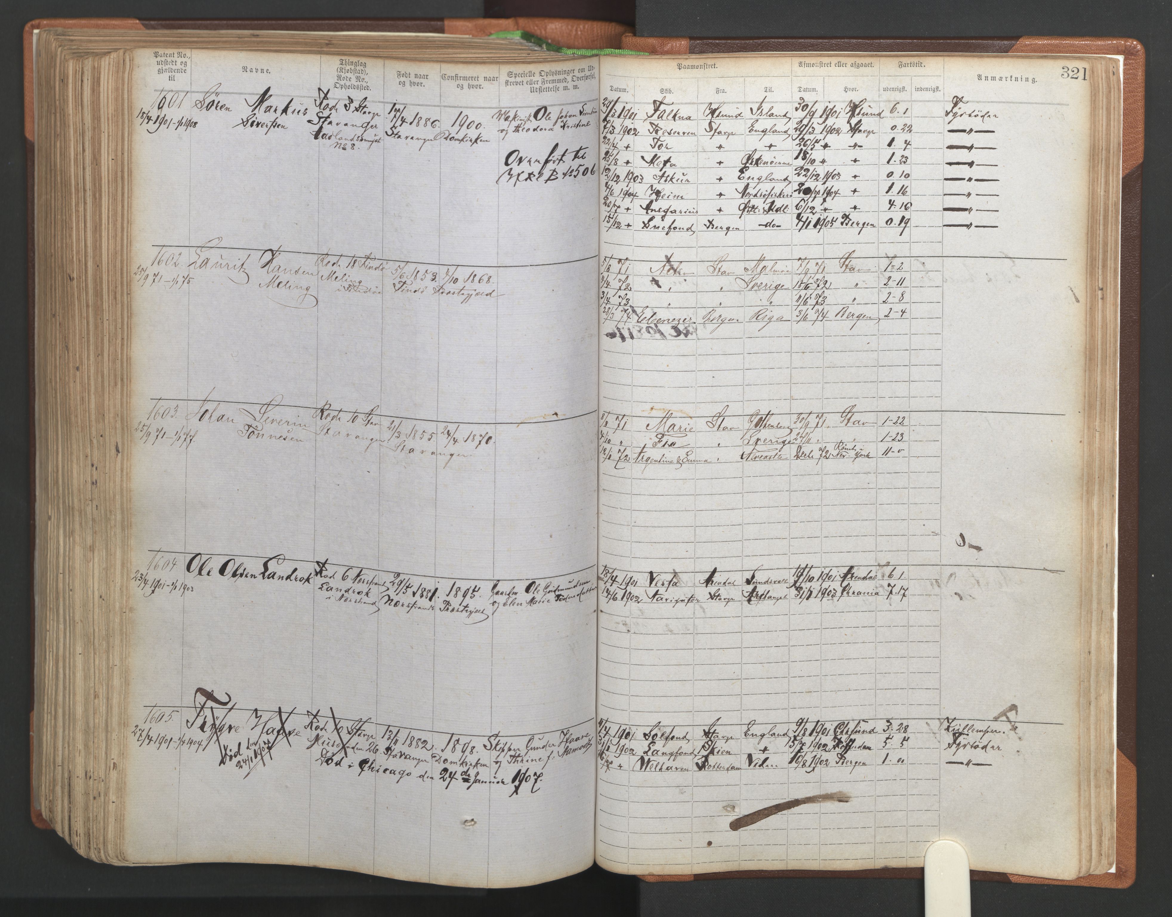 Stavanger sjømannskontor, AV/SAST-A-102006/F/Ff/L0004: Annotasjonsrulle No. 1, patentnr. 1-1785 (del 1), 1869-1900, s. 325