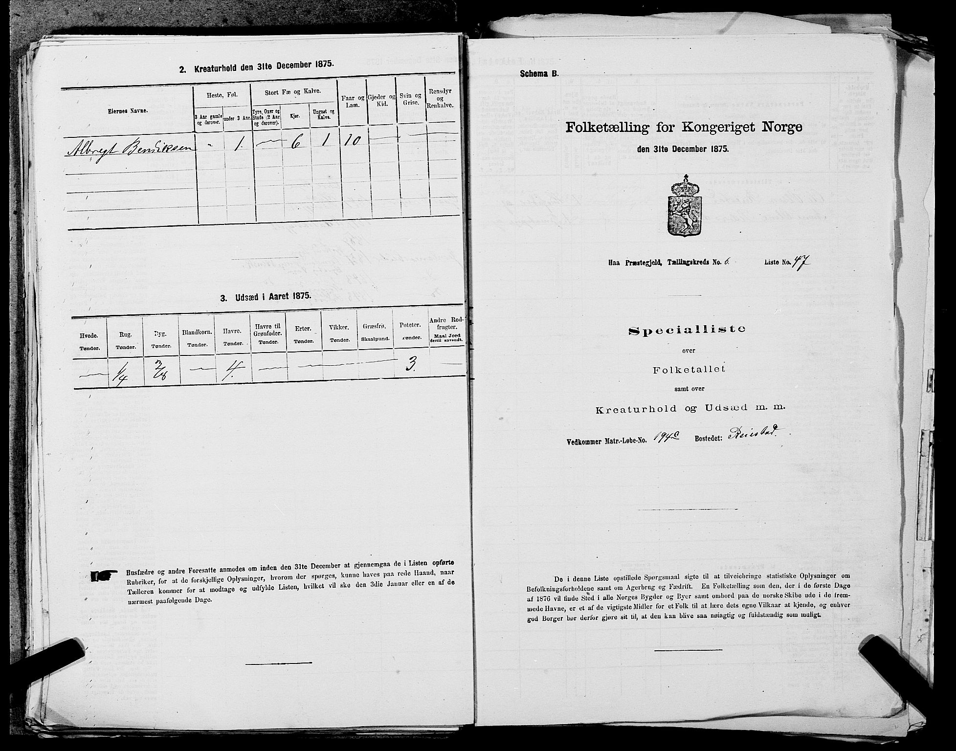 SAST, Folketelling 1875 for 1119P Hå prestegjeld, 1875, s. 719