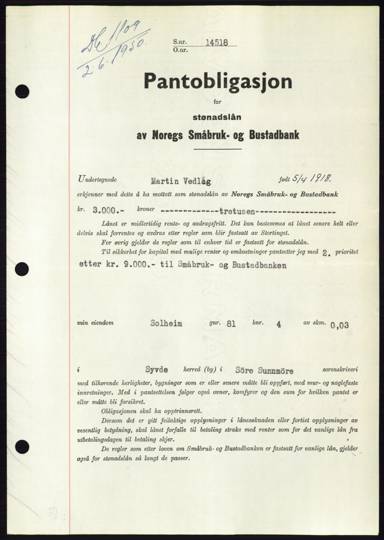 Søre Sunnmøre sorenskriveri, SAT/A-4122/1/2/2C/L0118: Pantebok nr. 6B, 1949-1950, Dagboknr: 1109/1950