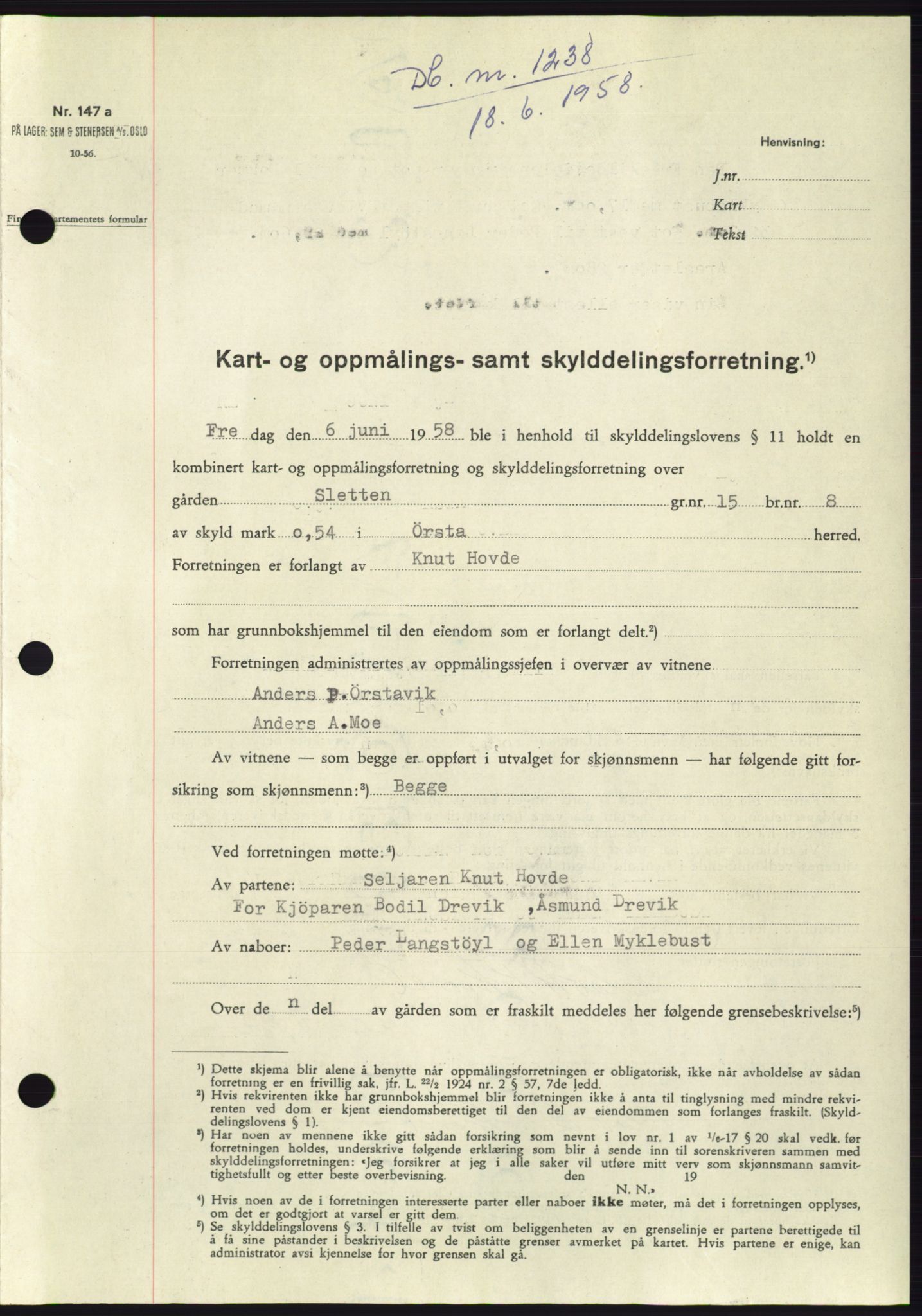 Søre Sunnmøre sorenskriveri, SAT/A-4122/1/2/2C/L0109: Pantebok nr. 35A, 1958-1958, Dagboknr: 1238/1958
