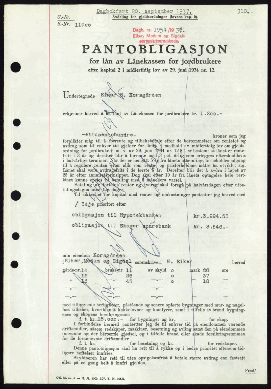 Eiker, Modum og Sigdal sorenskriveri, SAKO/A-123/G/Ga/Gab/L0036: Pantebok nr. A6, 1937-1937, Dagboknr: 1954/1937