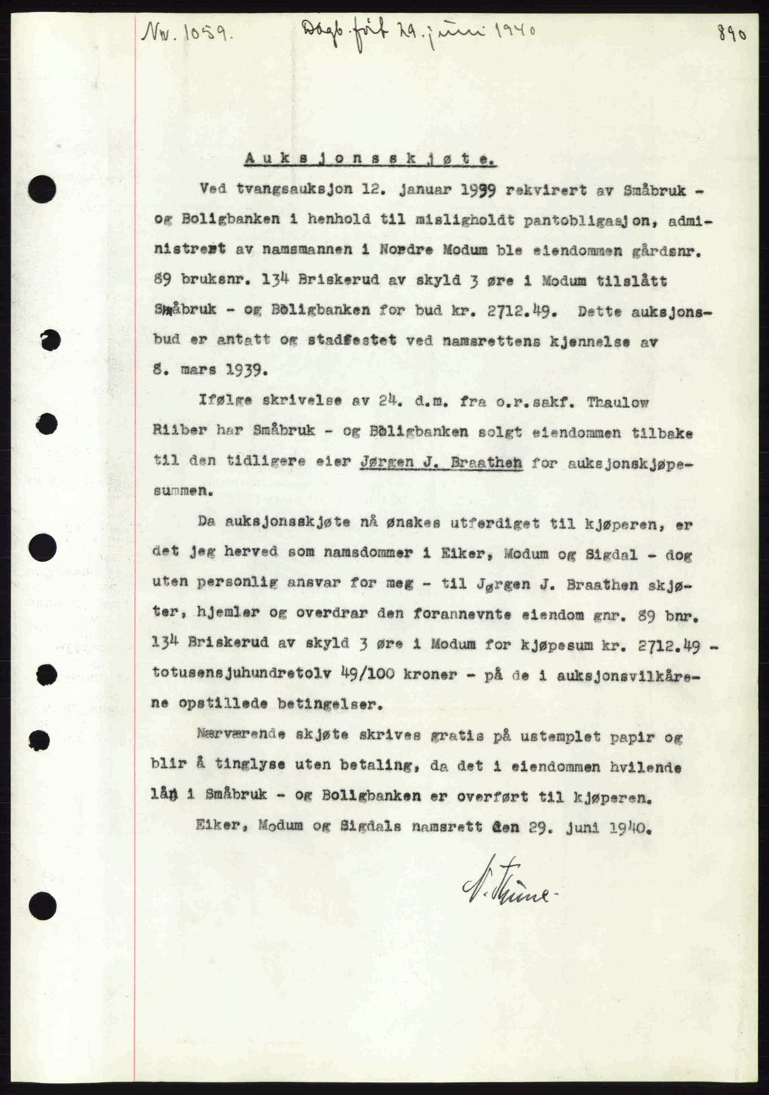Eiker, Modum og Sigdal sorenskriveri, SAKO/A-123/G/Ga/Gab/L0041: Pantebok nr. A11, 1939-1940, Dagboknr: 1059/1940