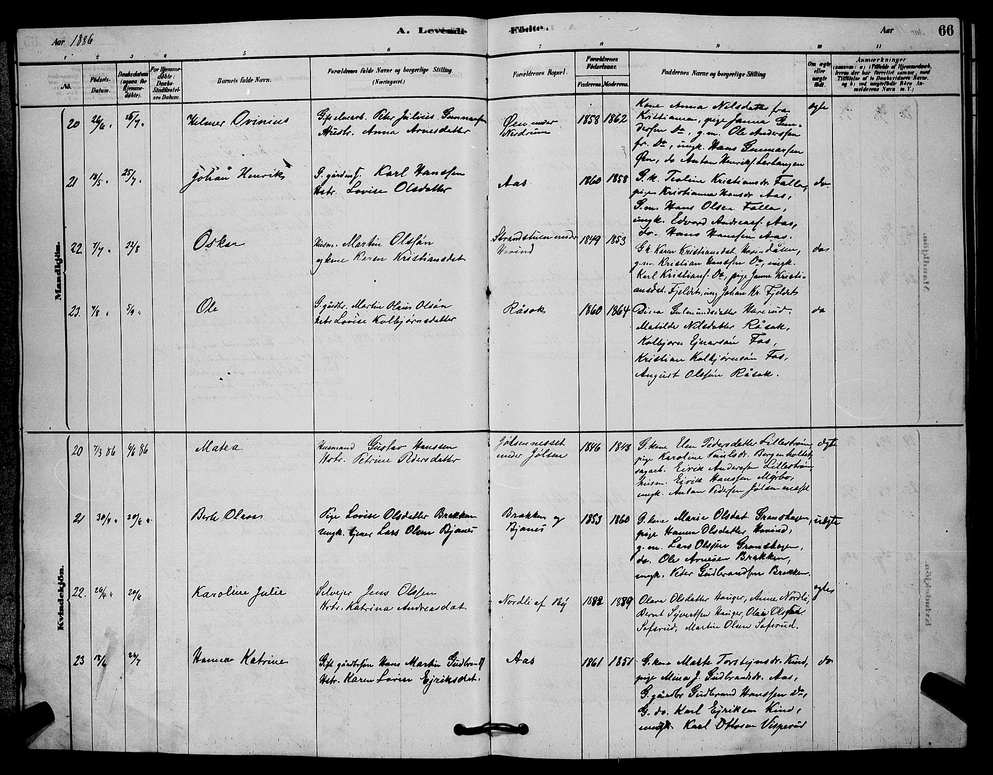 Fet prestekontor Kirkebøker, AV/SAO-A-10370a/G/Ga/L0006: Klokkerbok nr. I 6, 1878-1891, s. 66