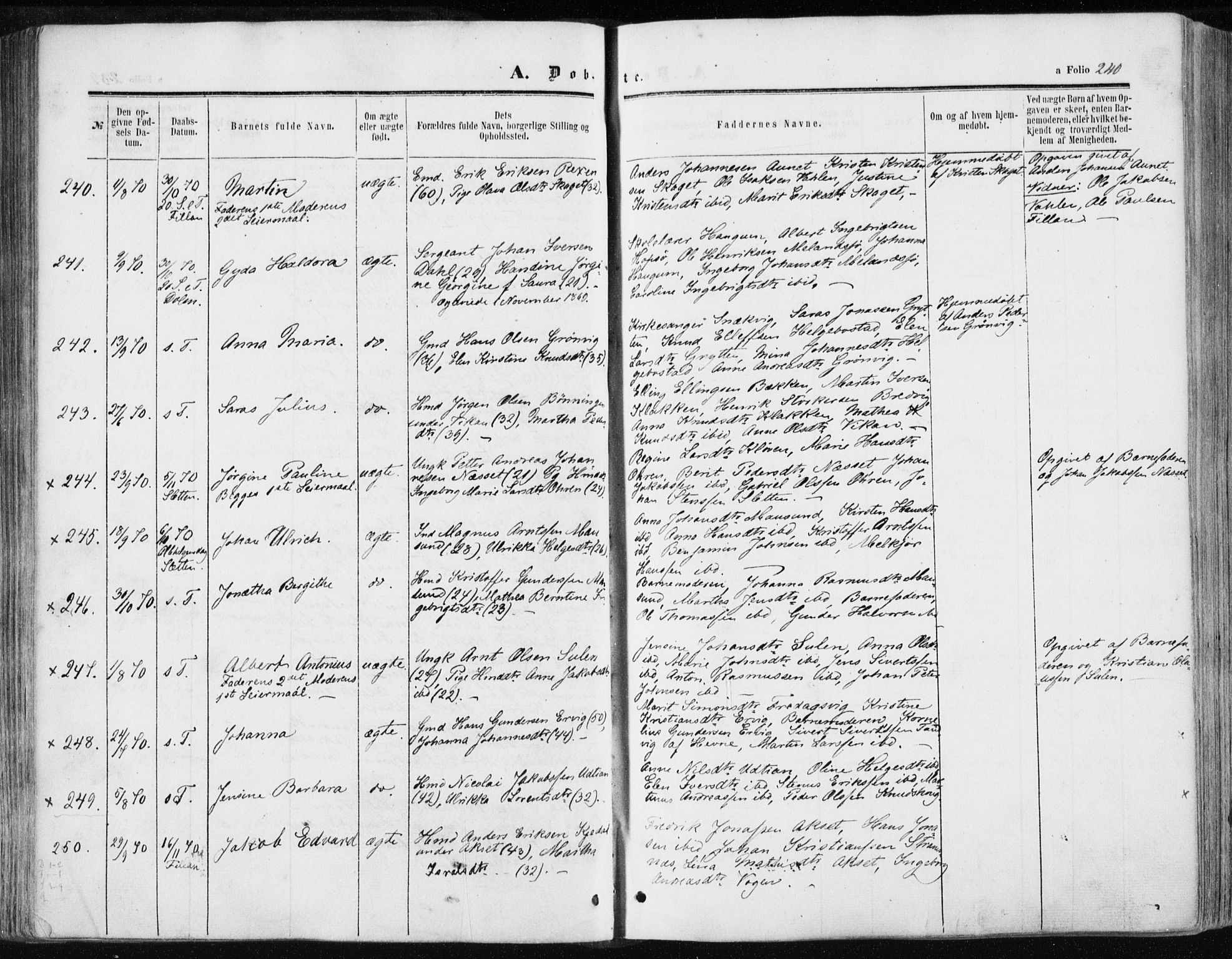 Ministerialprotokoller, klokkerbøker og fødselsregistre - Sør-Trøndelag, SAT/A-1456/634/L0531: Ministerialbok nr. 634A07, 1861-1870, s. 240