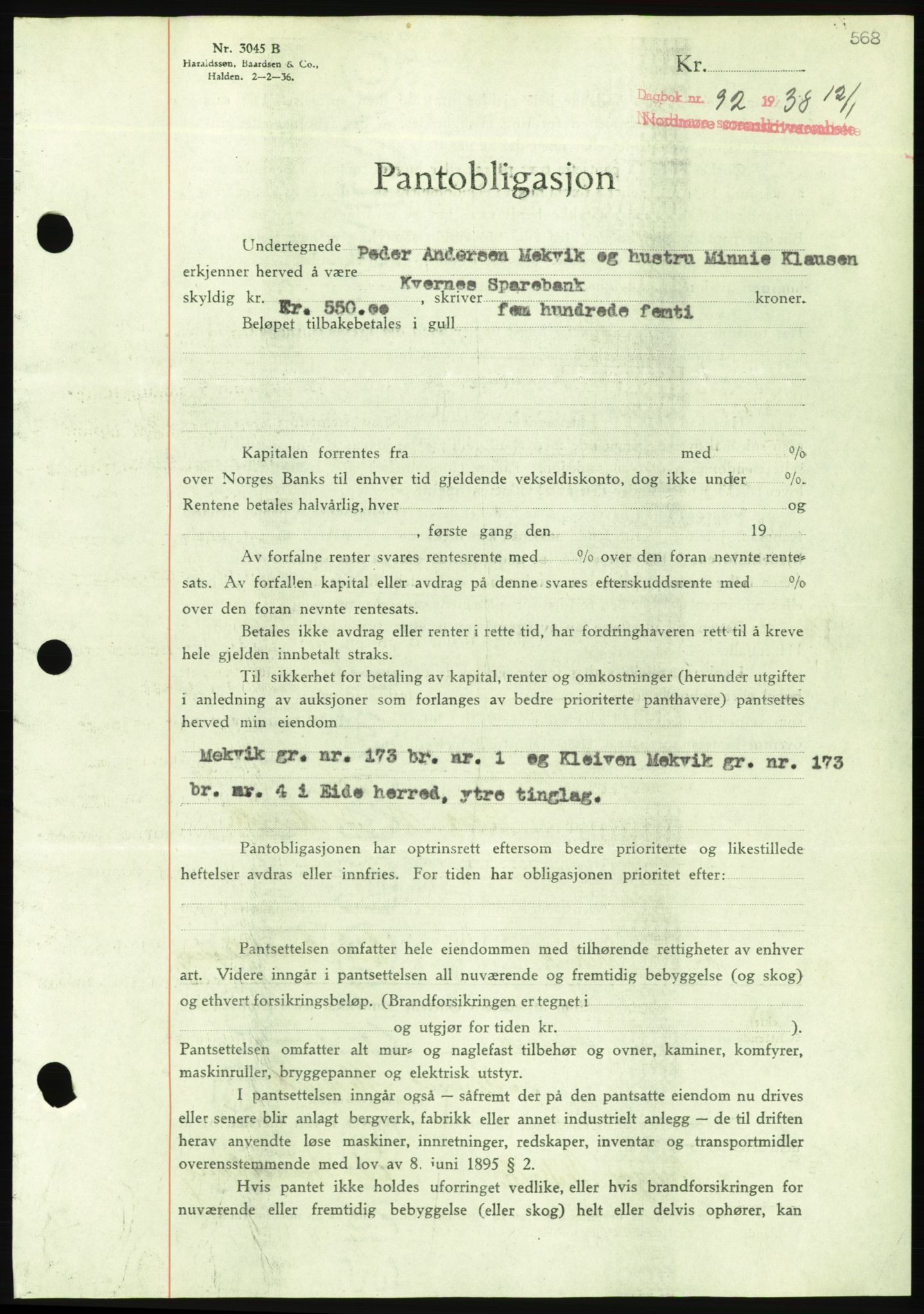 Nordmøre sorenskriveri, AV/SAT-A-4132/1/2/2Ca/L0092: Pantebok nr. B82, 1937-1938, Dagboknr: 92/1938