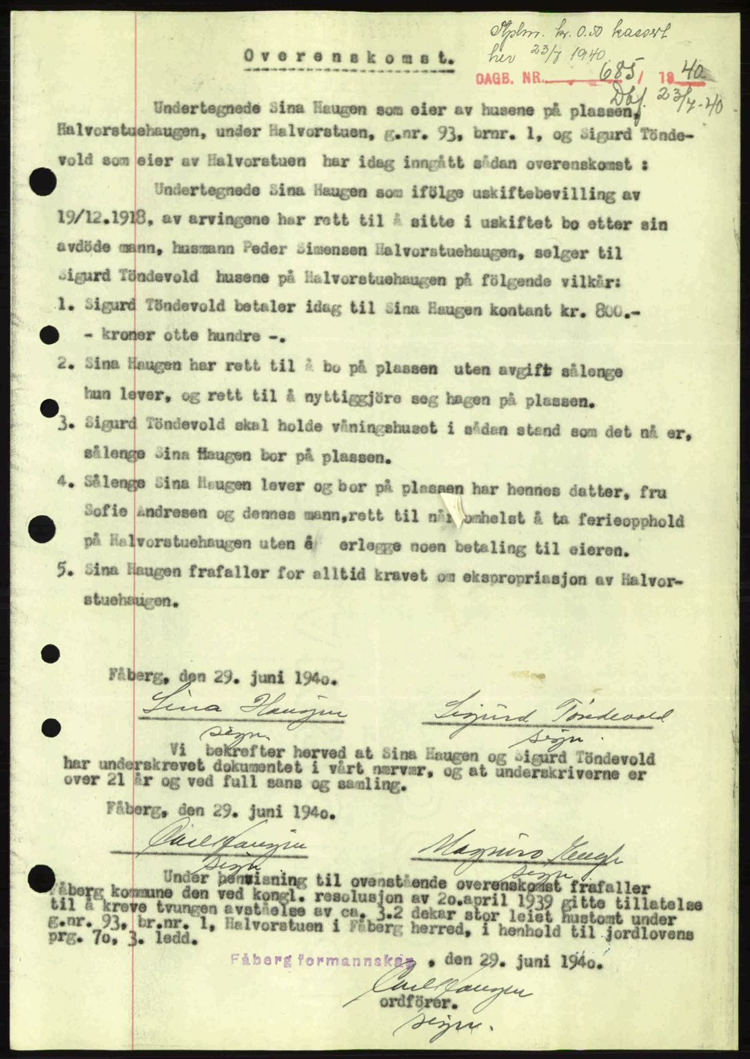 Sør-Gudbrandsdal tingrett, SAH/TING-004/H/Hb/Hbe/L0002: Pantebok nr. B2, 1939-1943, Dagboknr: 685/1940