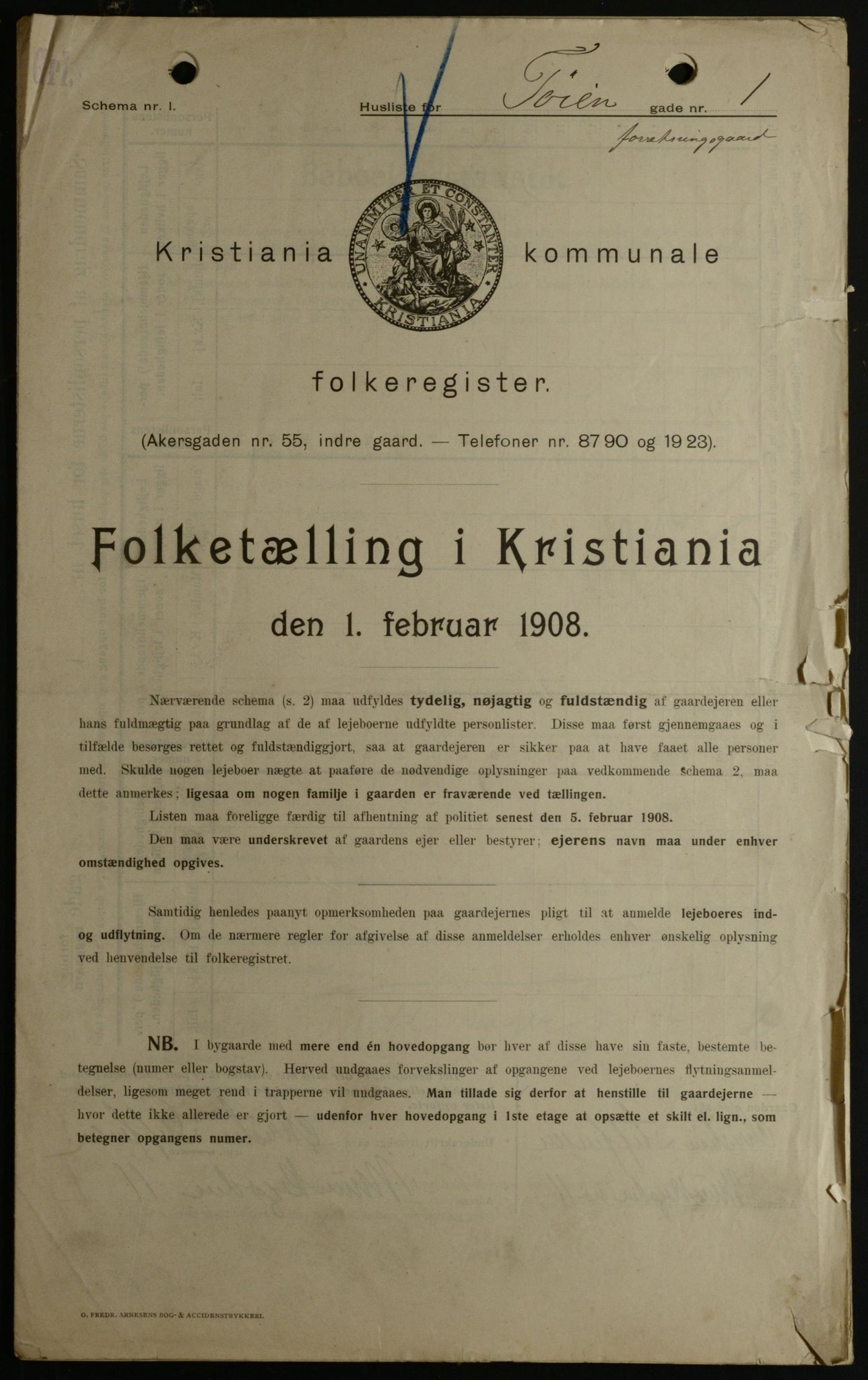 OBA, Kommunal folketelling 1.2.1908 for Kristiania kjøpstad, 1908, s. 105619