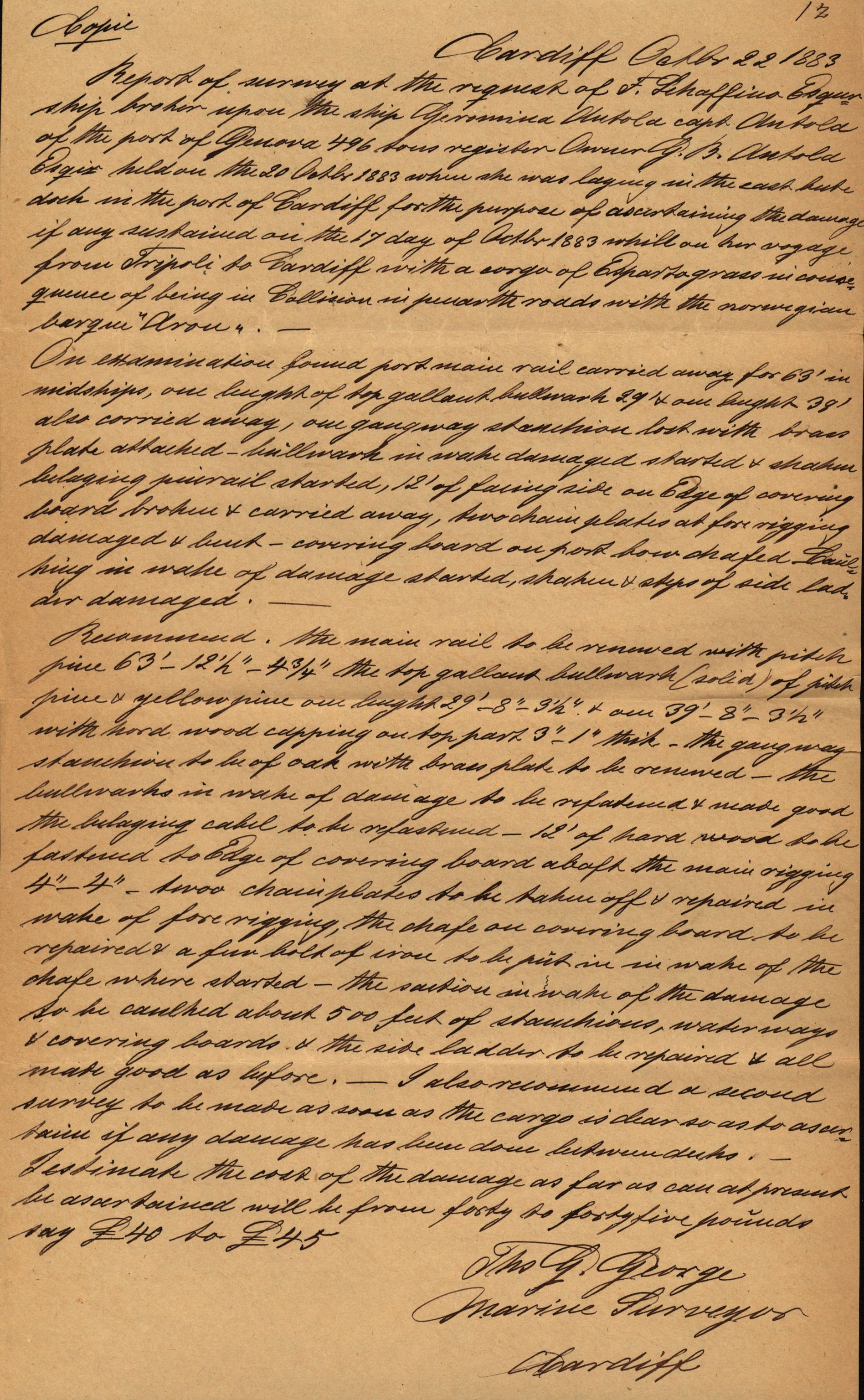 Pa 63 - Østlandske skibsassuranceforening, VEMU/A-1079/G/Ga/L0016/0016: Havaridokumenter / St. Petersburg, Ariel, B.M. Width, Aron, 1883, s. 22