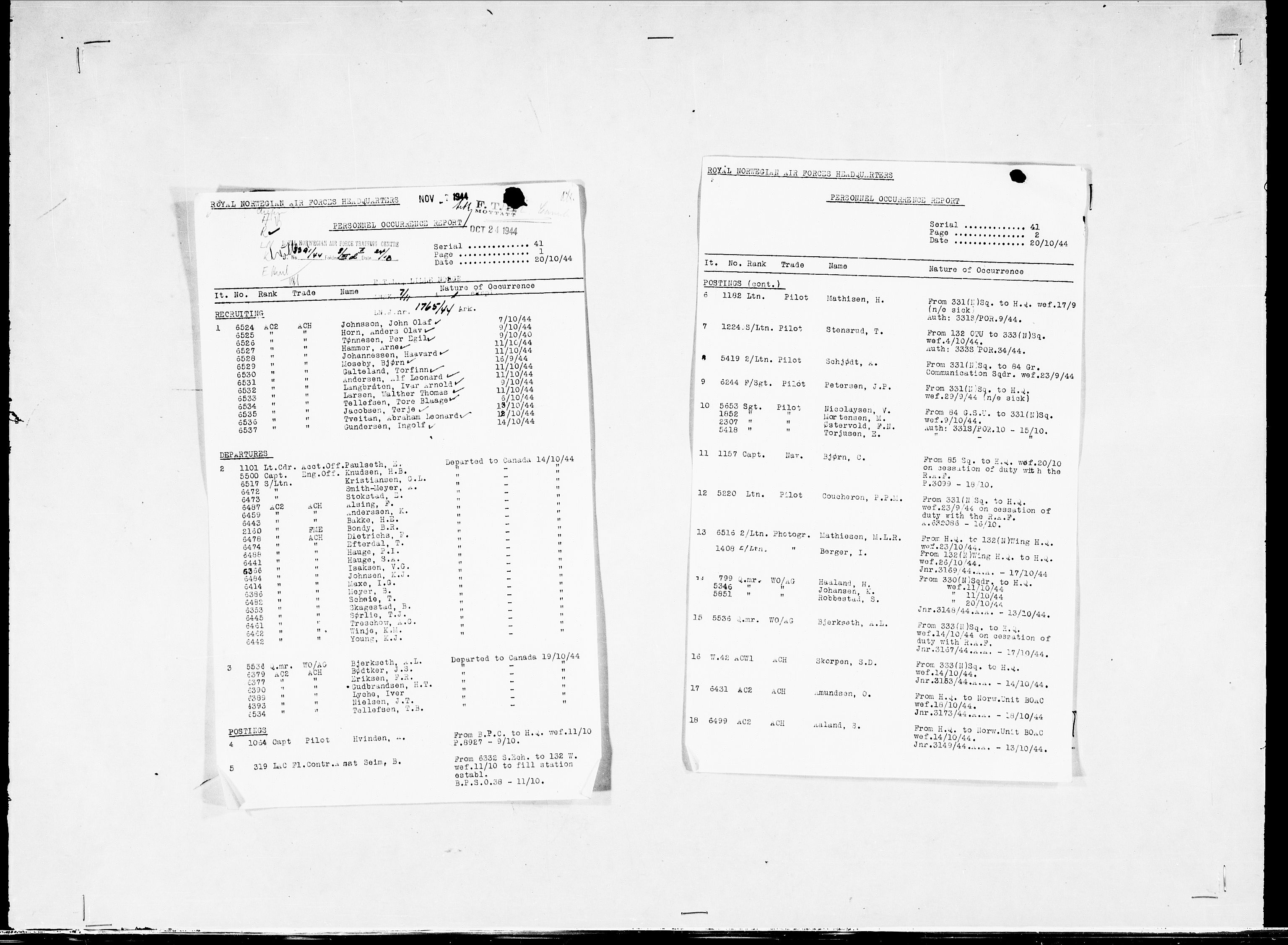 Forsvaret, Flyvåpnenes treningsleir 1940-1945, RA/RAFA-3974/V/L0038: Ekspedisjonskontoret. 8. Personellkontoret, 1940-1945