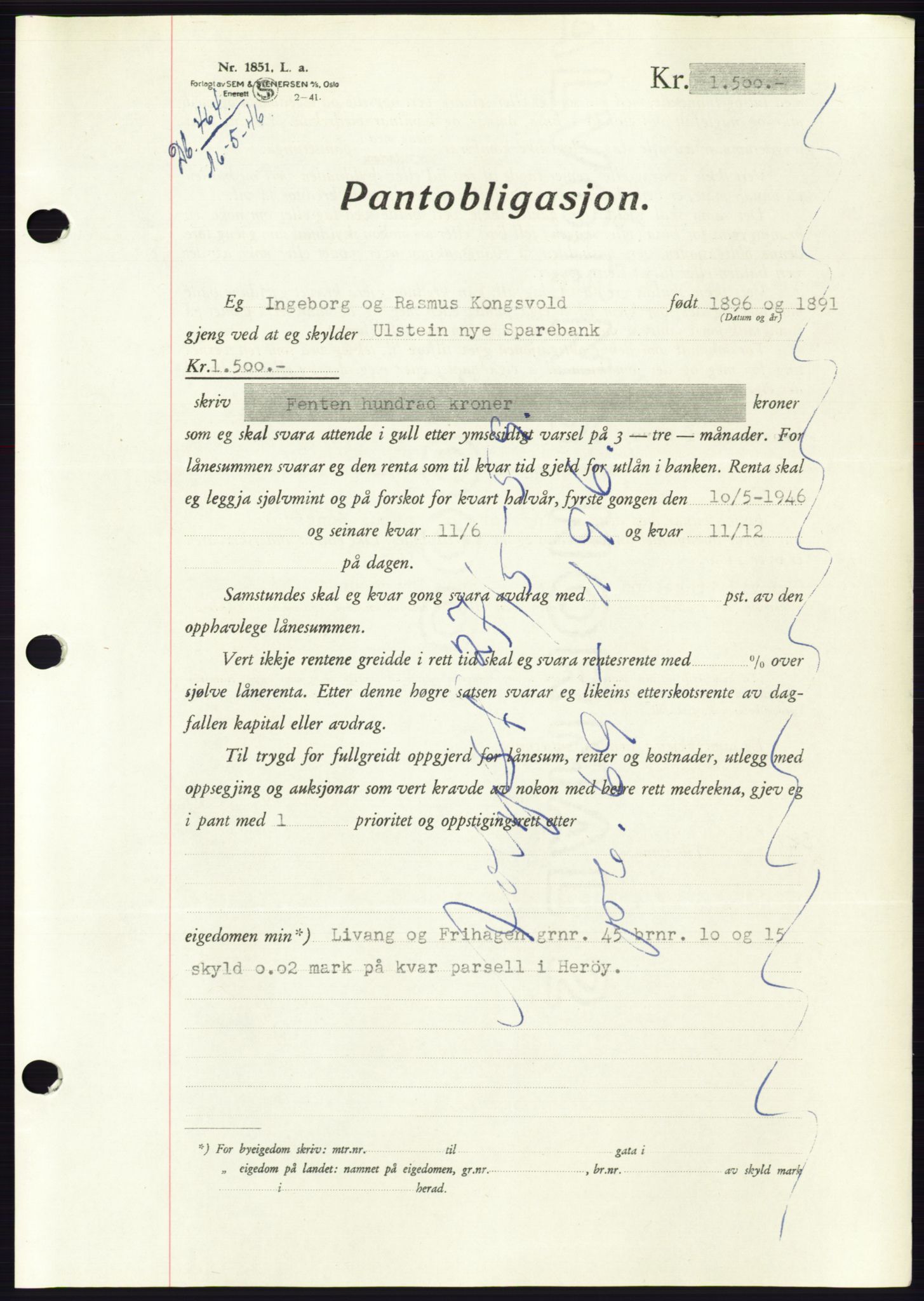 Søre Sunnmøre sorenskriveri, AV/SAT-A-4122/1/2/2C/L0114: Pantebok nr. 1-2B, 1943-1947, Dagboknr: 464/1946