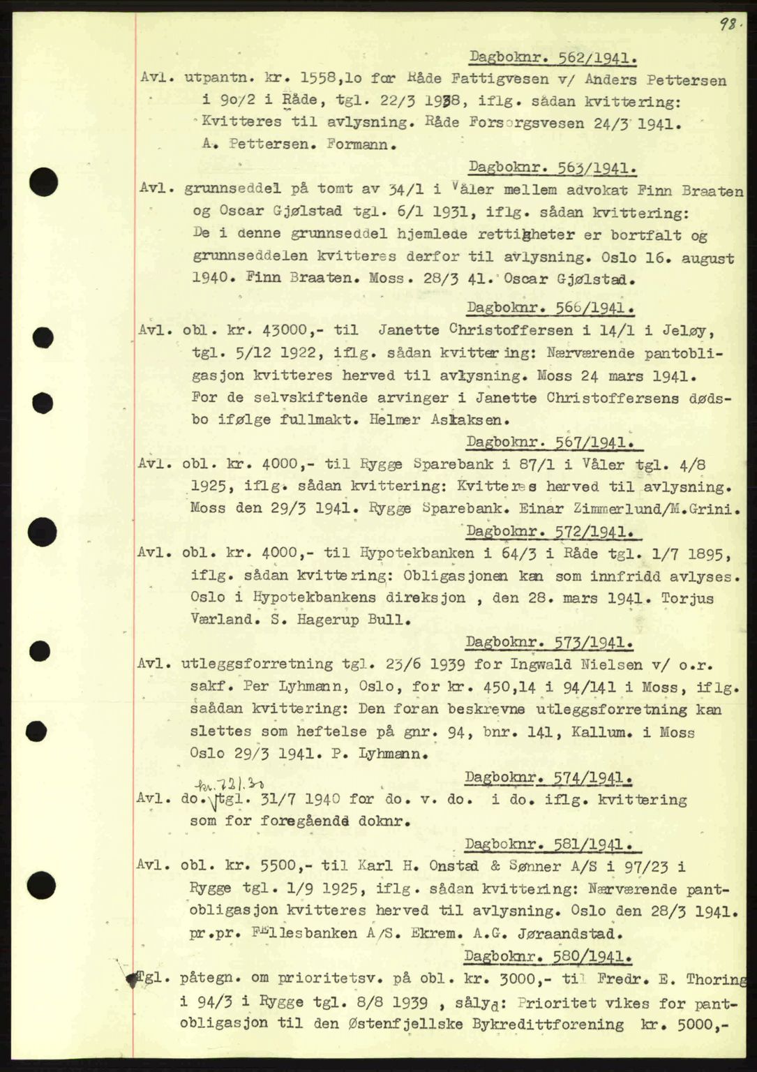 Moss sorenskriveri, SAO/A-10168: Pantebok nr. B10, 1940-1941, Dagboknr: 562/1941