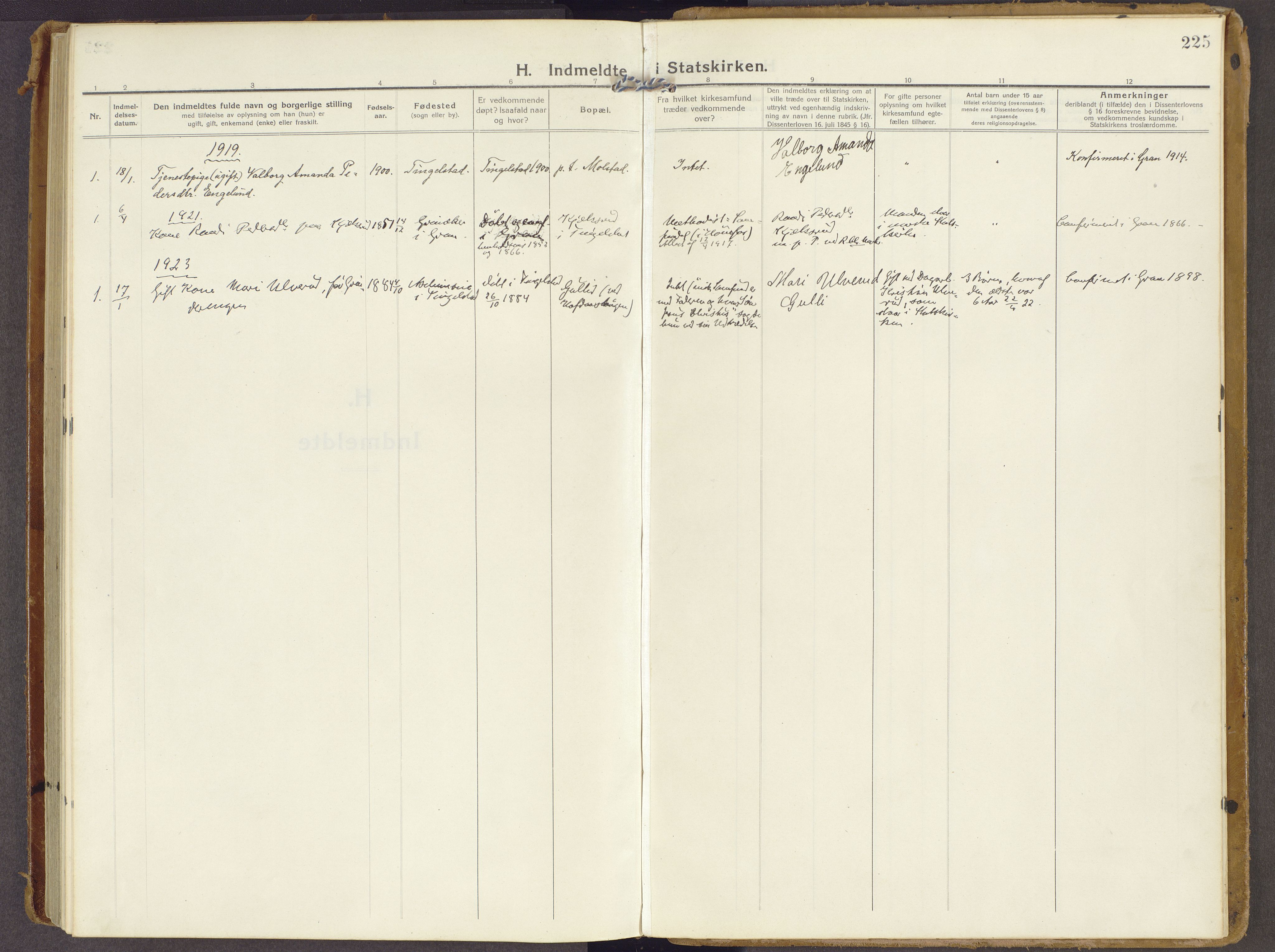 Brandbu prestekontor, SAH/PREST-114/H/Ha/Haa/L0003: Ministerialbok nr. 3, 1914-1928, s. 225