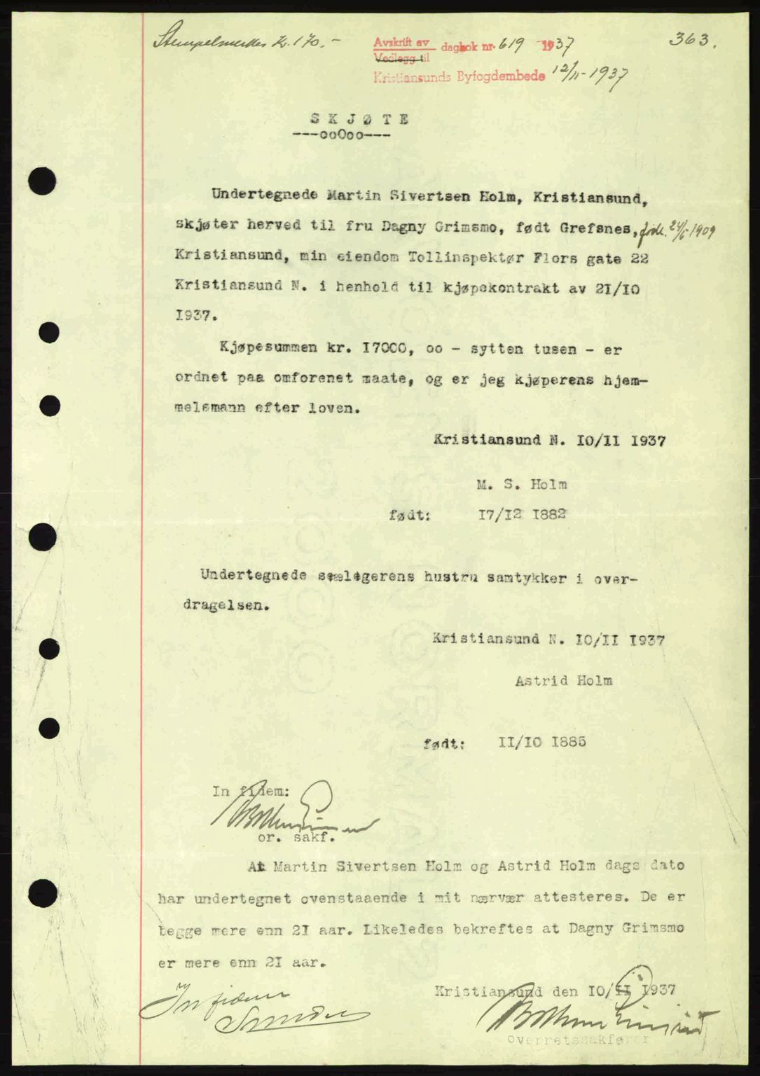 Kristiansund byfogd, AV/SAT-A-4587/A/27: Pantebok nr. 30, 1936-1941, Dagboknr: 619/1937