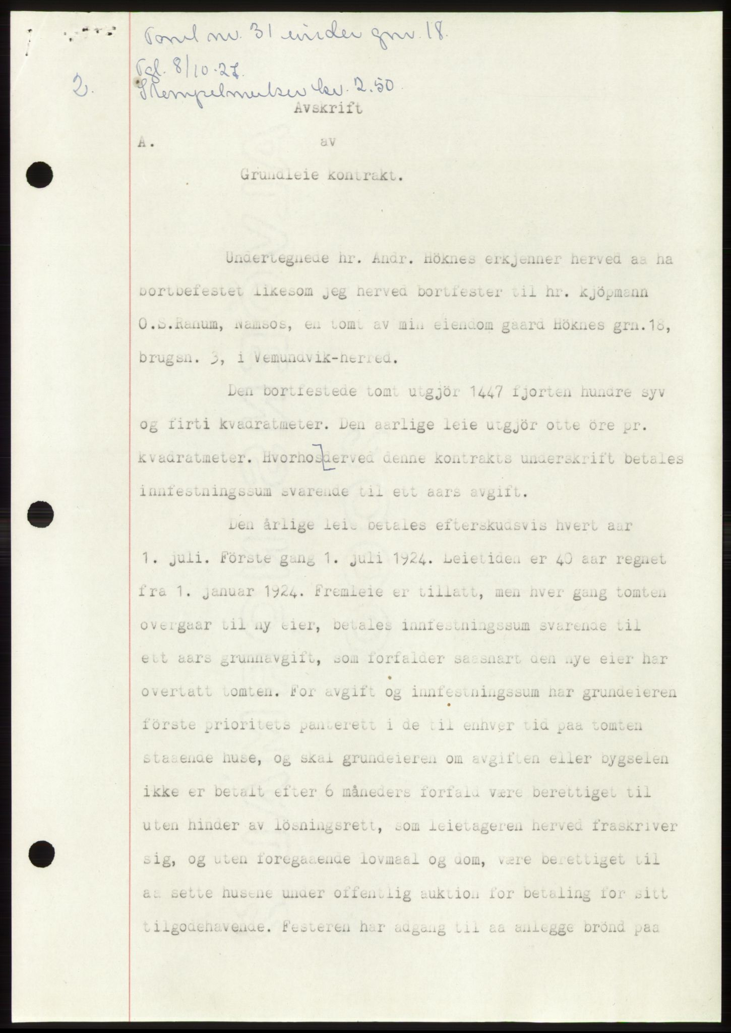 Namdal sorenskriveri, SAT/A-4133/1/2/2C: Pantebok nr. -, 1926-1930, Tingl.dato: 08.10.1927