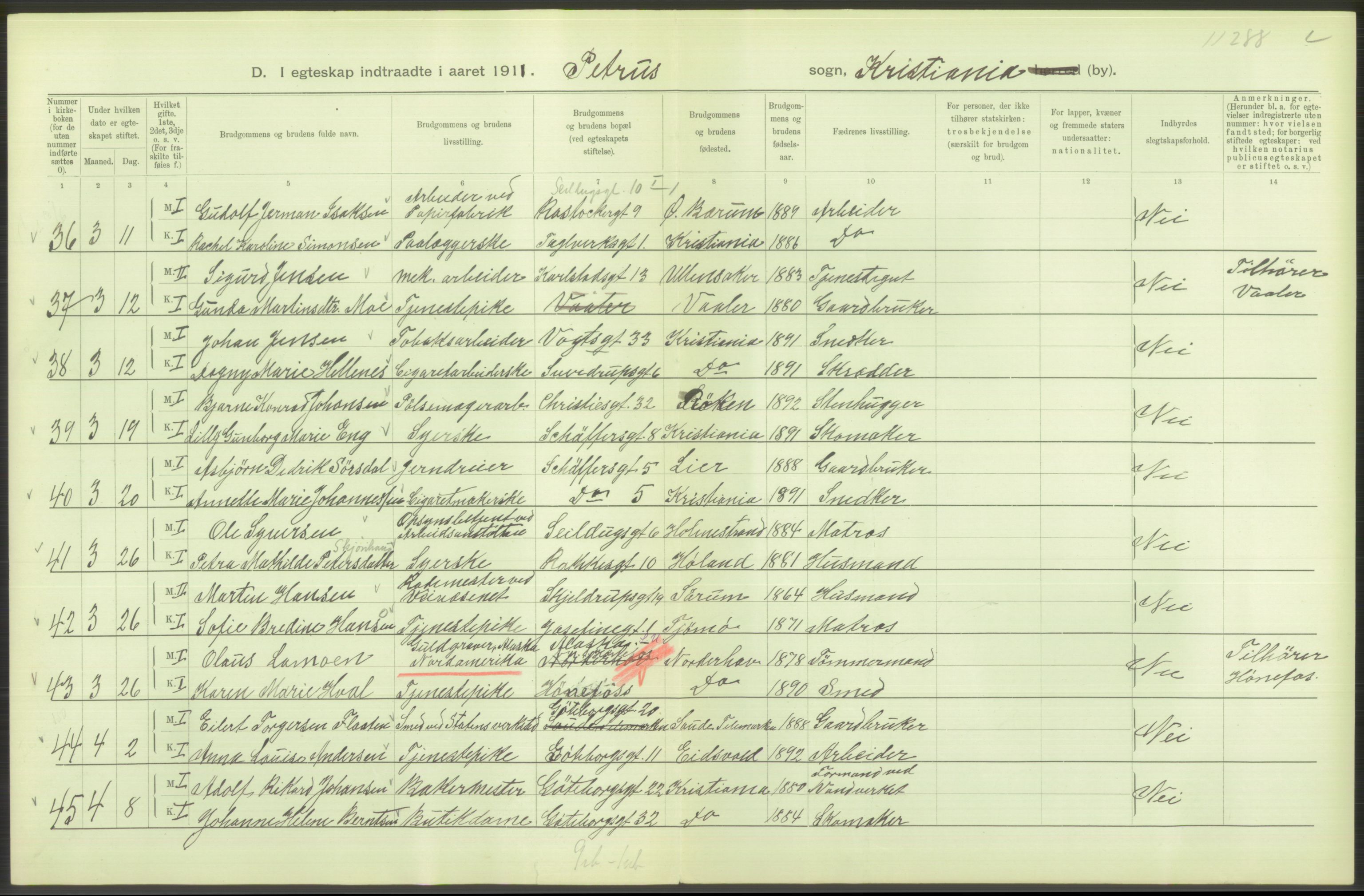 Statistisk sentralbyrå, Sosiodemografiske emner, Befolkning, AV/RA-S-2228/D/Df/Dfb/Dfba/L0008: Kristiania: Gifte, 1911, s. 10