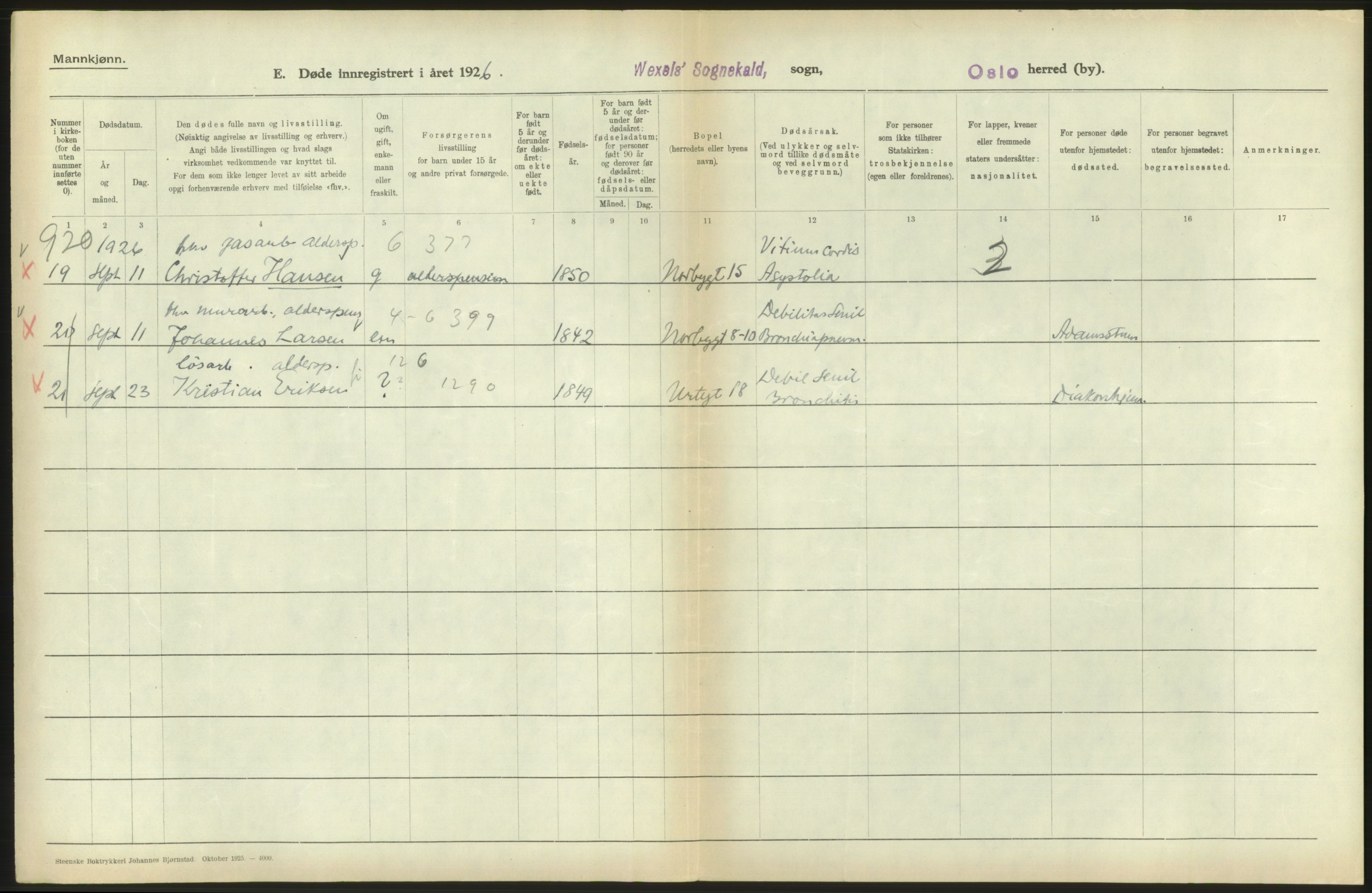 Statistisk sentralbyrå, Sosiodemografiske emner, Befolkning, AV/RA-S-2228/D/Df/Dfc/Dfcf/L0009: Oslo: Døde menn, 1926, s. 522