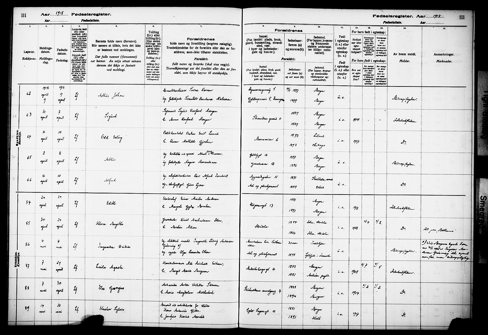 Kvinneklinikken, SAB/A-76301/F/L0A01: Fødselsregister nr. A 1, 1916-1920, s. 111