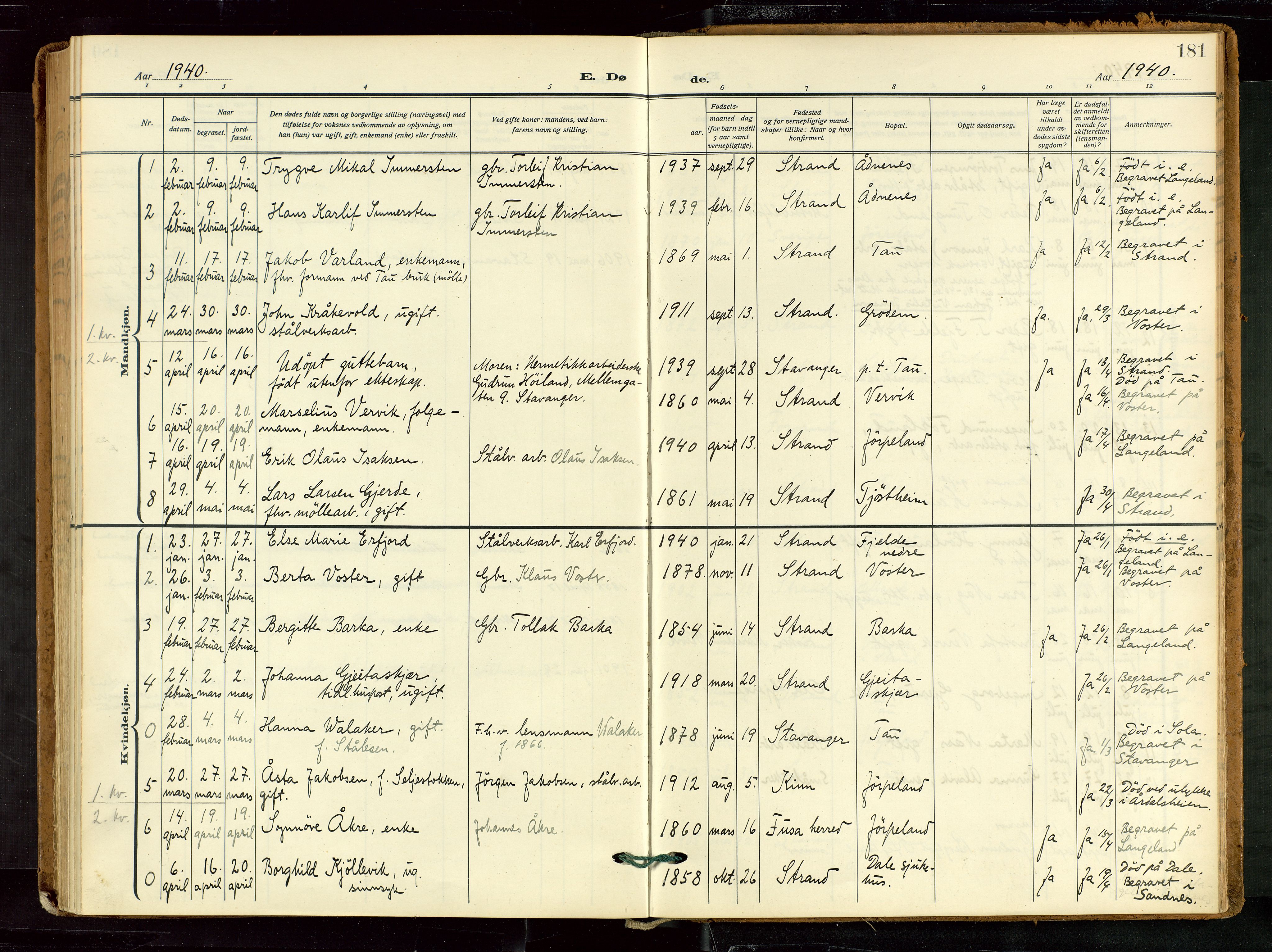 Strand sokneprestkontor, SAST/A-101828/H/Ha/Haa/L0012: Ministerialbok nr. A 12, 1927-1946, s. 181