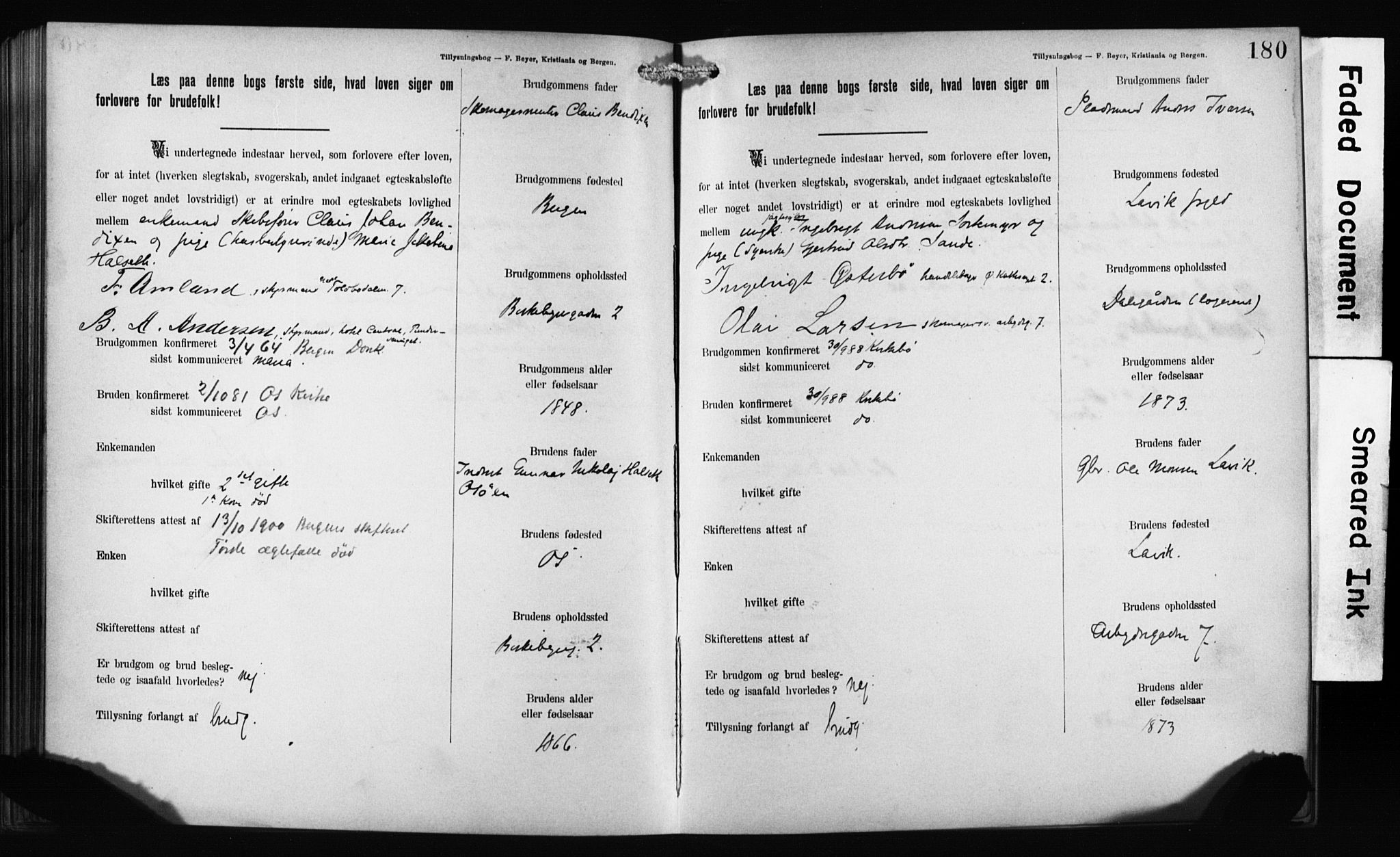 Mariakirken Sokneprestembete, SAB/A-76901: Forlovererklæringer nr. II.5.1, 1891-1901, s. 180