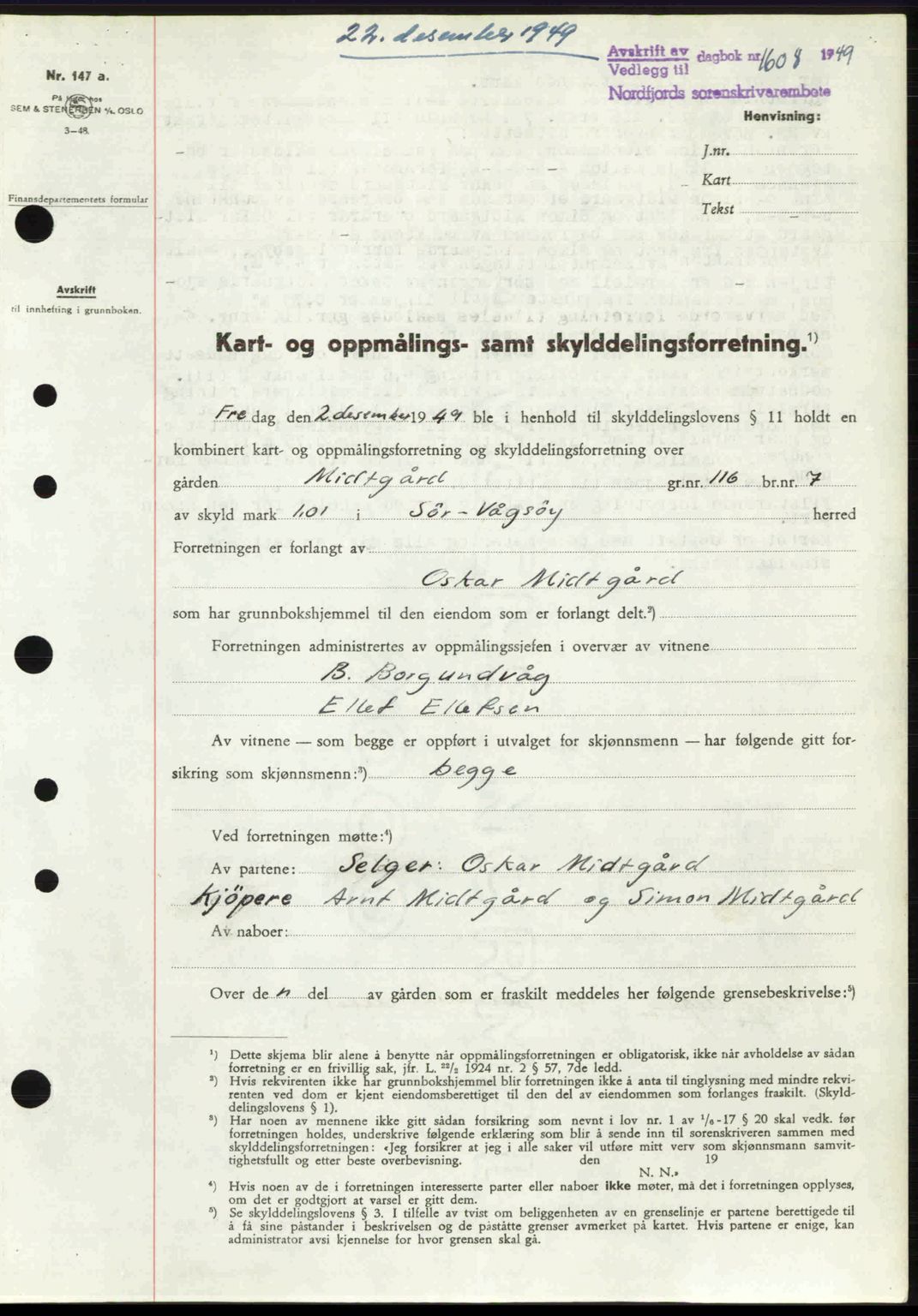 Nordfjord sorenskriveri, SAB/A-2801/02/02b/02bj/L0016a: Pantebok nr. A16 I, 1949-1950, Dagboknr: 1608/1949
