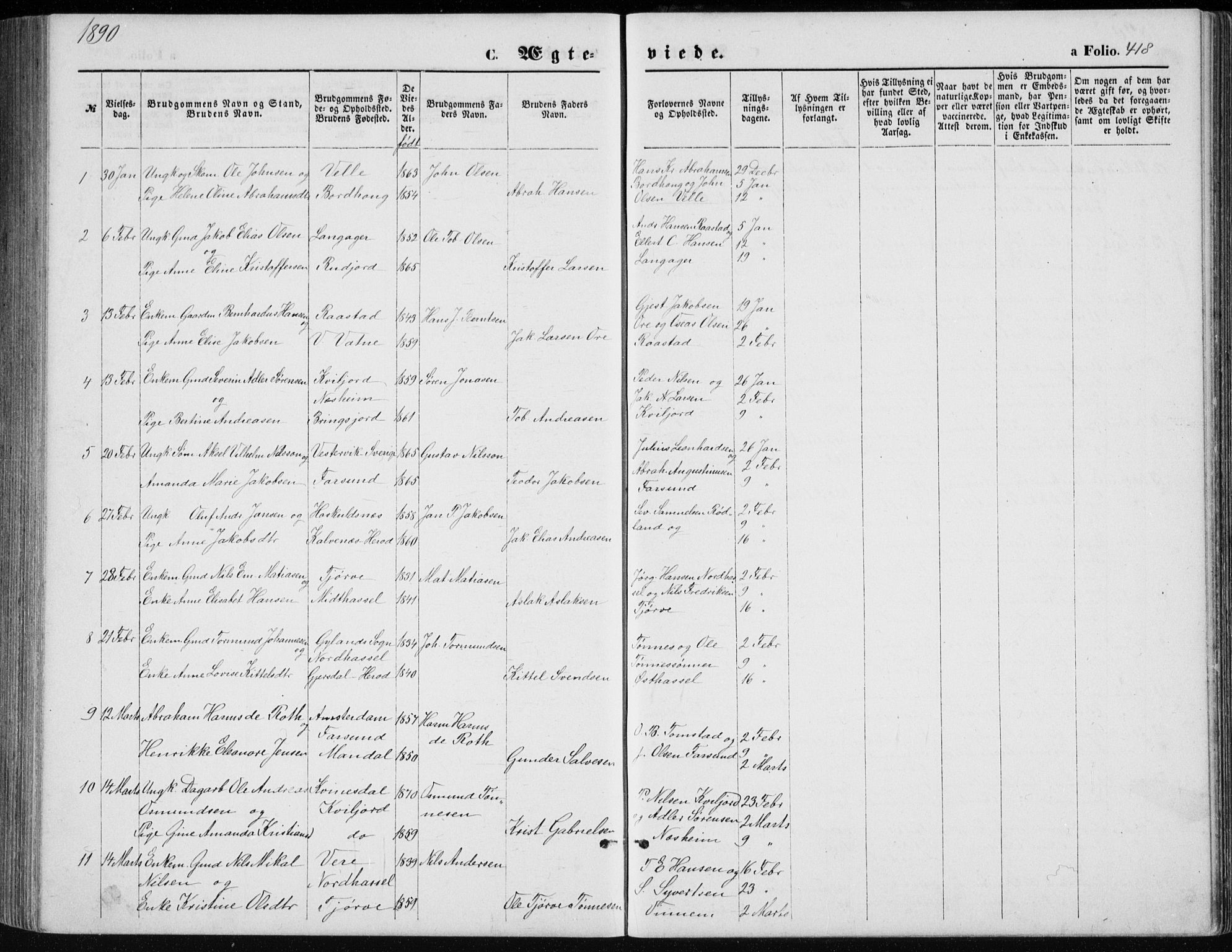 Lista sokneprestkontor, SAK/1111-0027/F/Fb/L0004: Klokkerbok nr. B 4, 1877-1891, s. 418