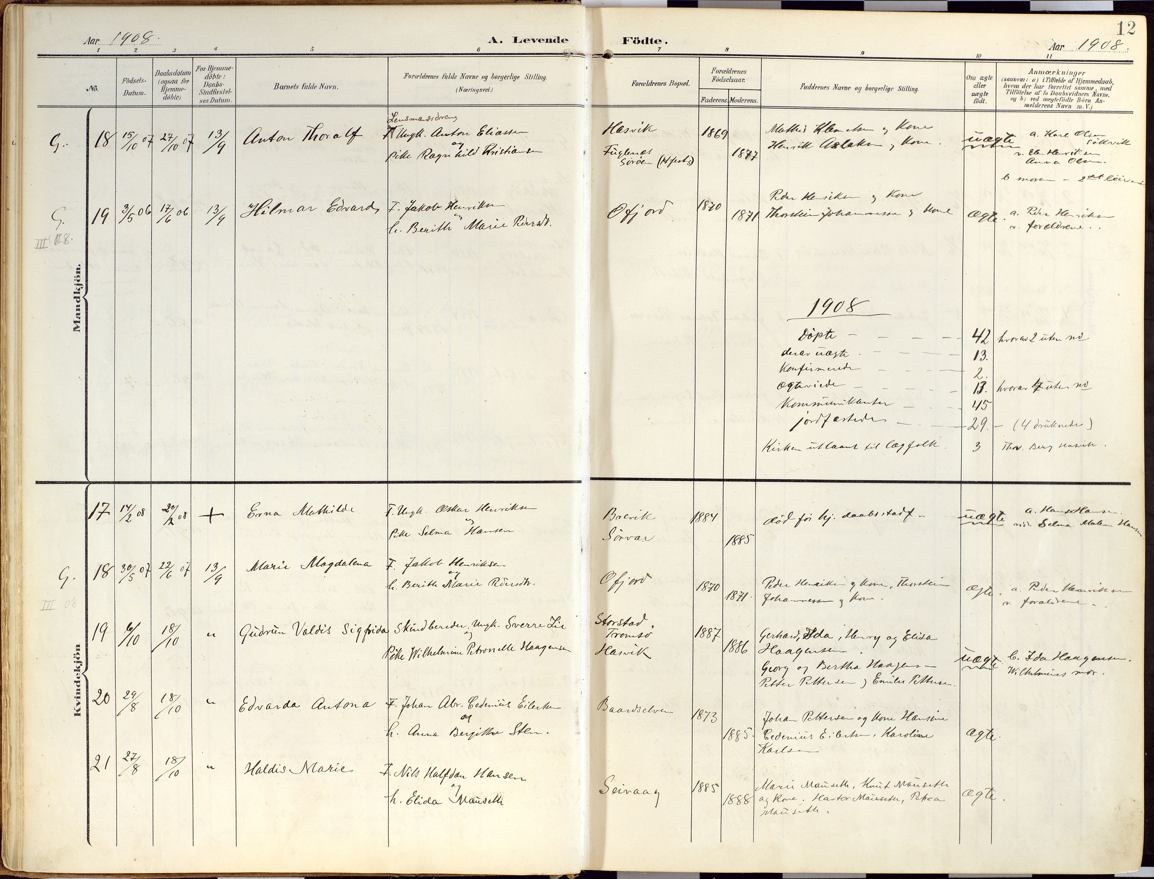 Loppa sokneprestkontor, AV/SATØ-S-1339/H/Ha/L0010kirke: Ministerialbok nr. 10, 1907-1922, s. 12