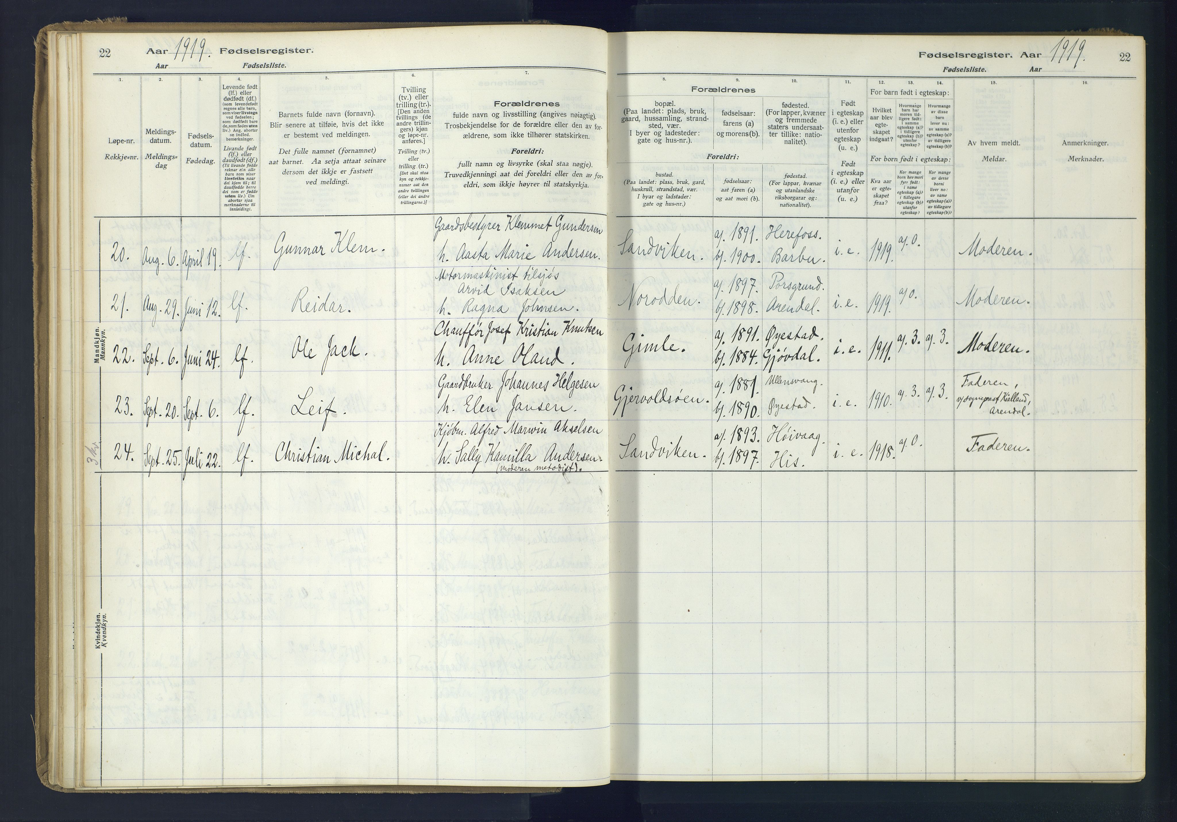 Hisøy sokneprestkontor, AV/SAK-1111-0020/J/Ja/L0001: Fødselsregister nr. A-VI-14, 1916-1951, s. 22