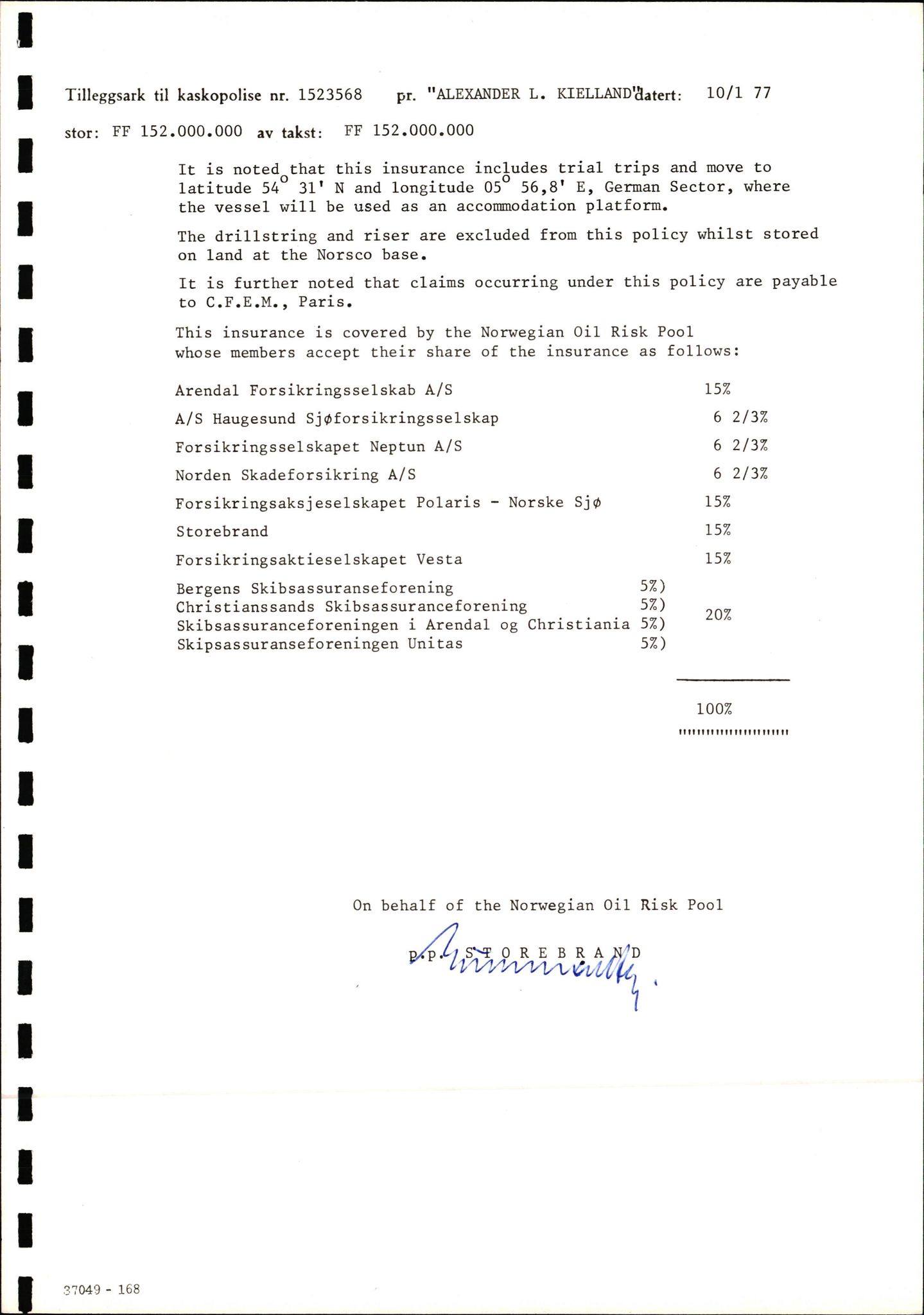 Pa 1503 - Stavanger Drilling AS, SAST/A-101906/2/E/Eb/Eba/L0023: Alexander L. Kielland forsikring, 1976-1980