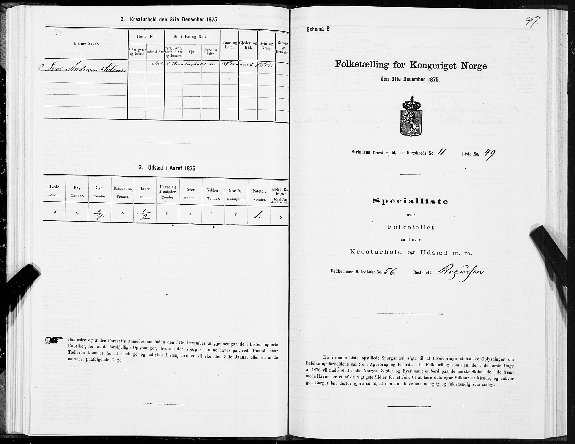 SAT, Folketelling 1875 for 1660P Strinda prestegjeld, 1875, s. 7097