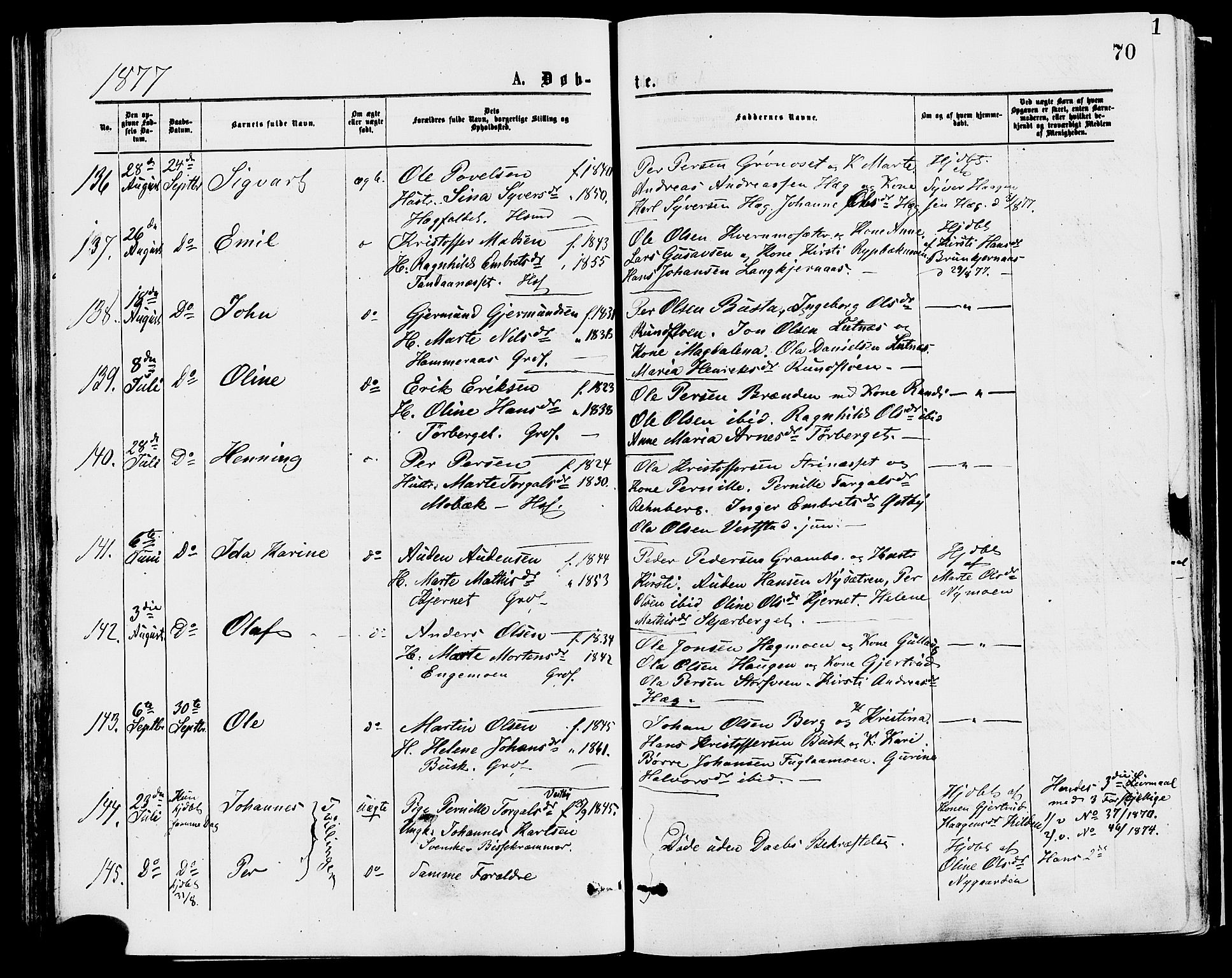 Trysil prestekontor, AV/SAH-PREST-046/H/Ha/Haa/L0007: Ministerialbok nr. 7, 1874-1880, s. 70