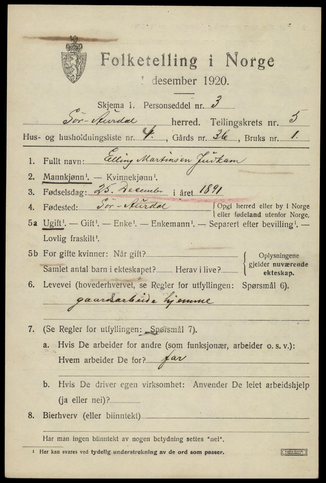 SAH, Folketelling 1920 for 0540 Sør-Aurdal herred, 1920, s. 2775