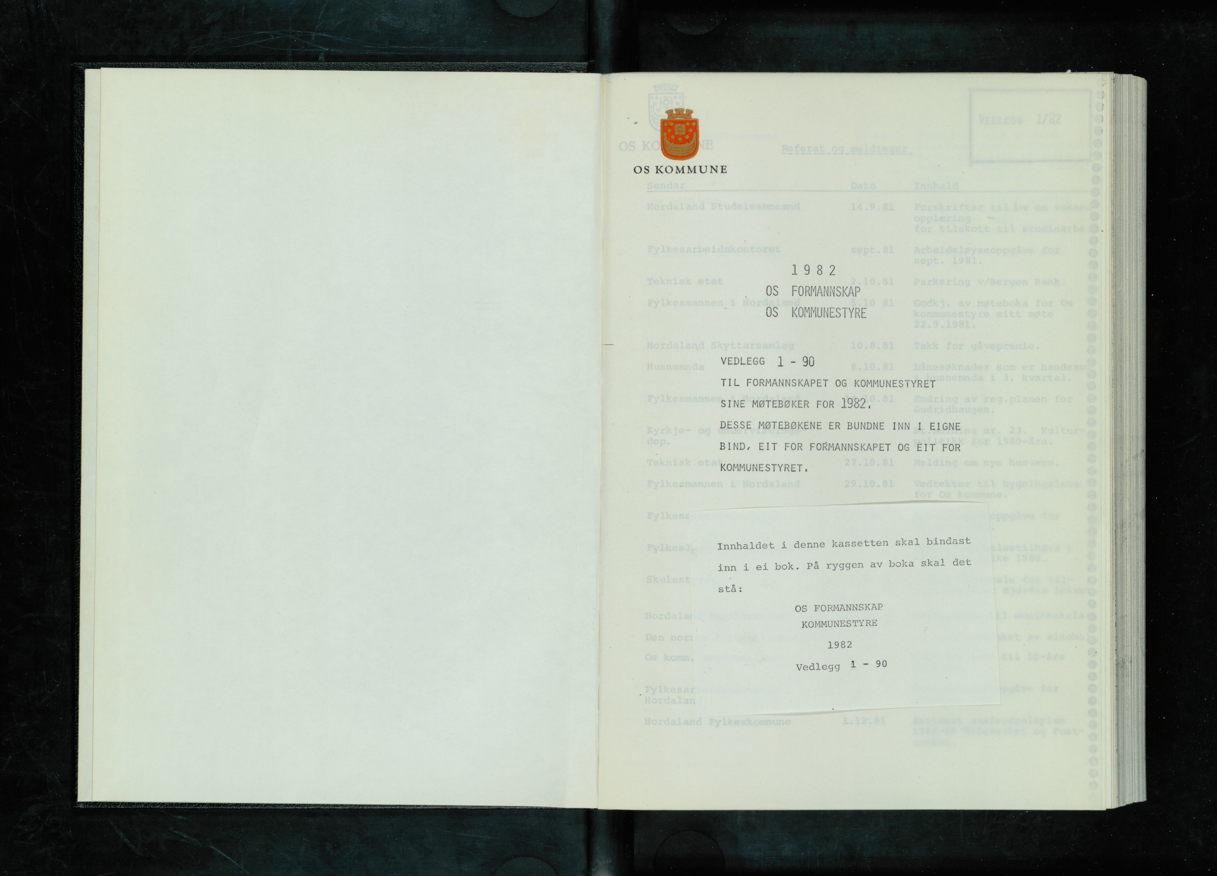 Os kommune. Formannskapet, IKAH/1243-021/A/Ad/L0045: Protokoll over saksvedlegg til møtebøker for formannskapet og kommunestyret. Vedlegg 1-90, 1982