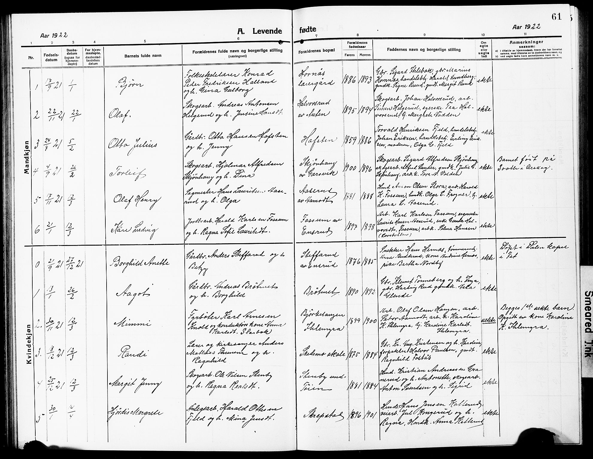 Høland prestekontor Kirkebøker, AV/SAO-A-10346a/G/Ga/L0008: Klokkerbok nr. I 8, 1915-1929, s. 61