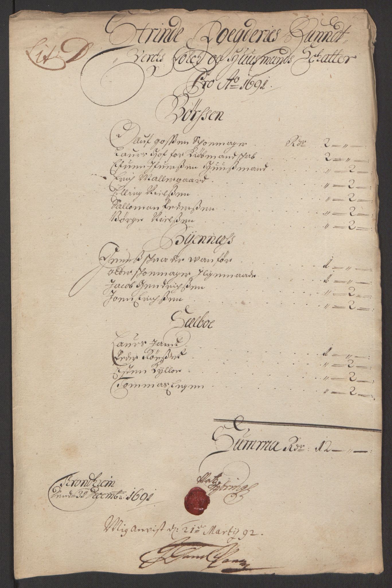 Rentekammeret inntil 1814, Reviderte regnskaper, Fogderegnskap, AV/RA-EA-4092/R61/L4103: Fogderegnskap Strinda og Selbu, 1691-1692, s. 60