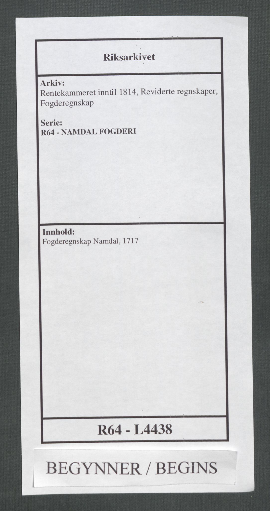Rentekammeret inntil 1814, Reviderte regnskaper, Fogderegnskap, RA/EA-4092/R64/L4438: Fogderegnskap Namdal, 1717, s. 1
