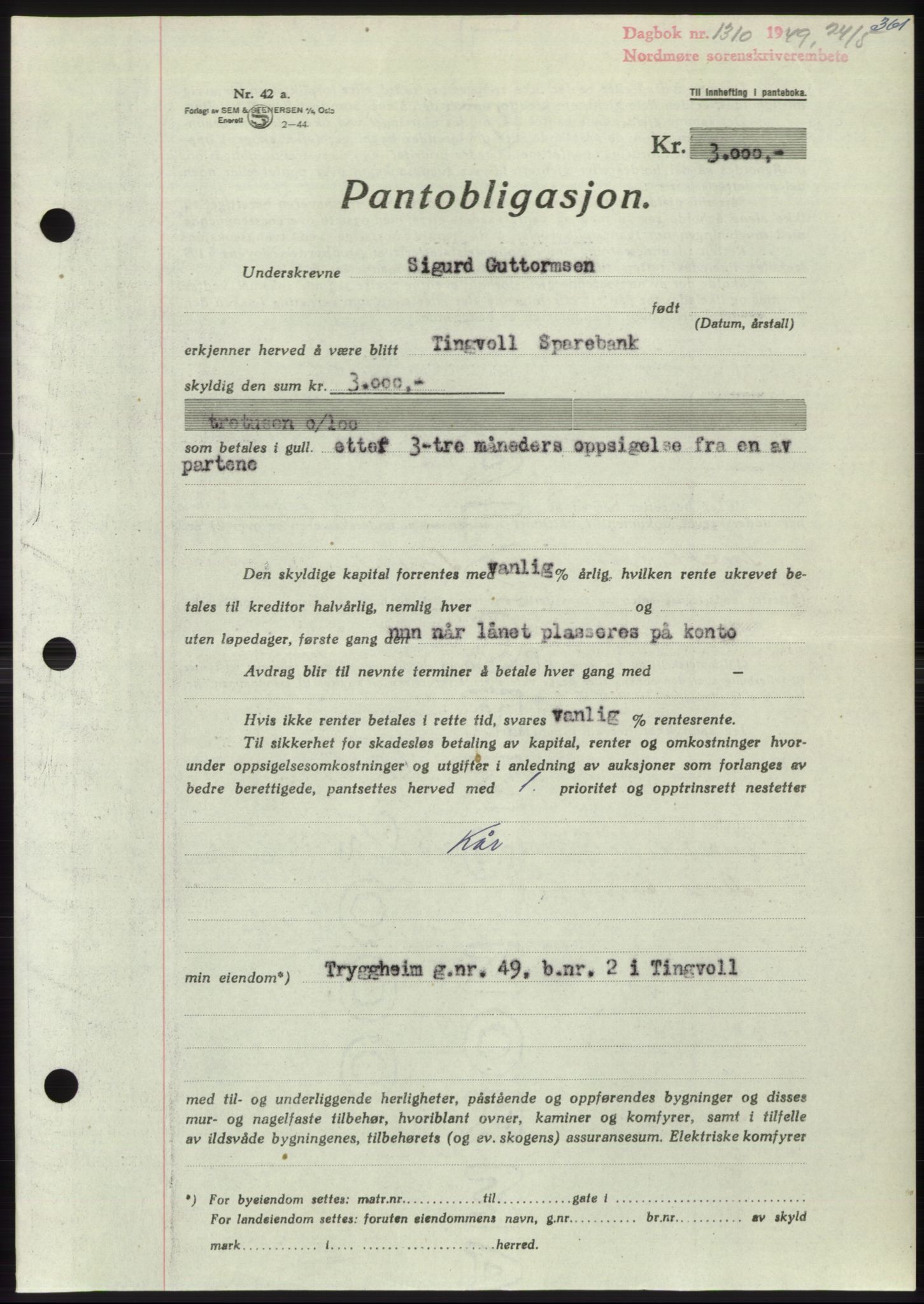 Nordmøre sorenskriveri, SAT/A-4132/1/2/2Ca: Pantebok nr. B101, 1949-1949, Dagboknr: 1310/1949