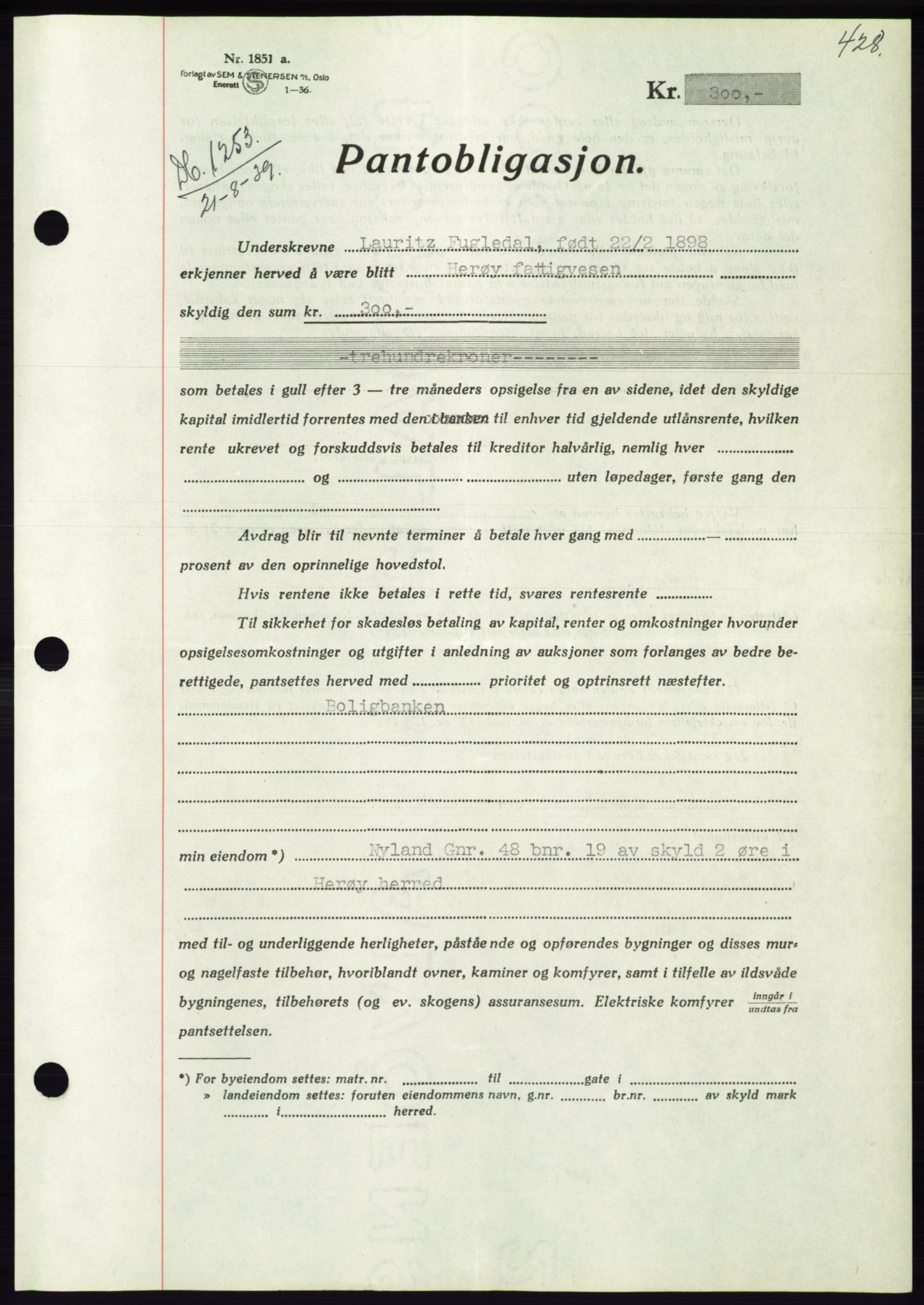 Søre Sunnmøre sorenskriveri, AV/SAT-A-4122/1/2/2C/L0068: Pantebok nr. 62, 1939-1939, Dagboknr: 1253/1939