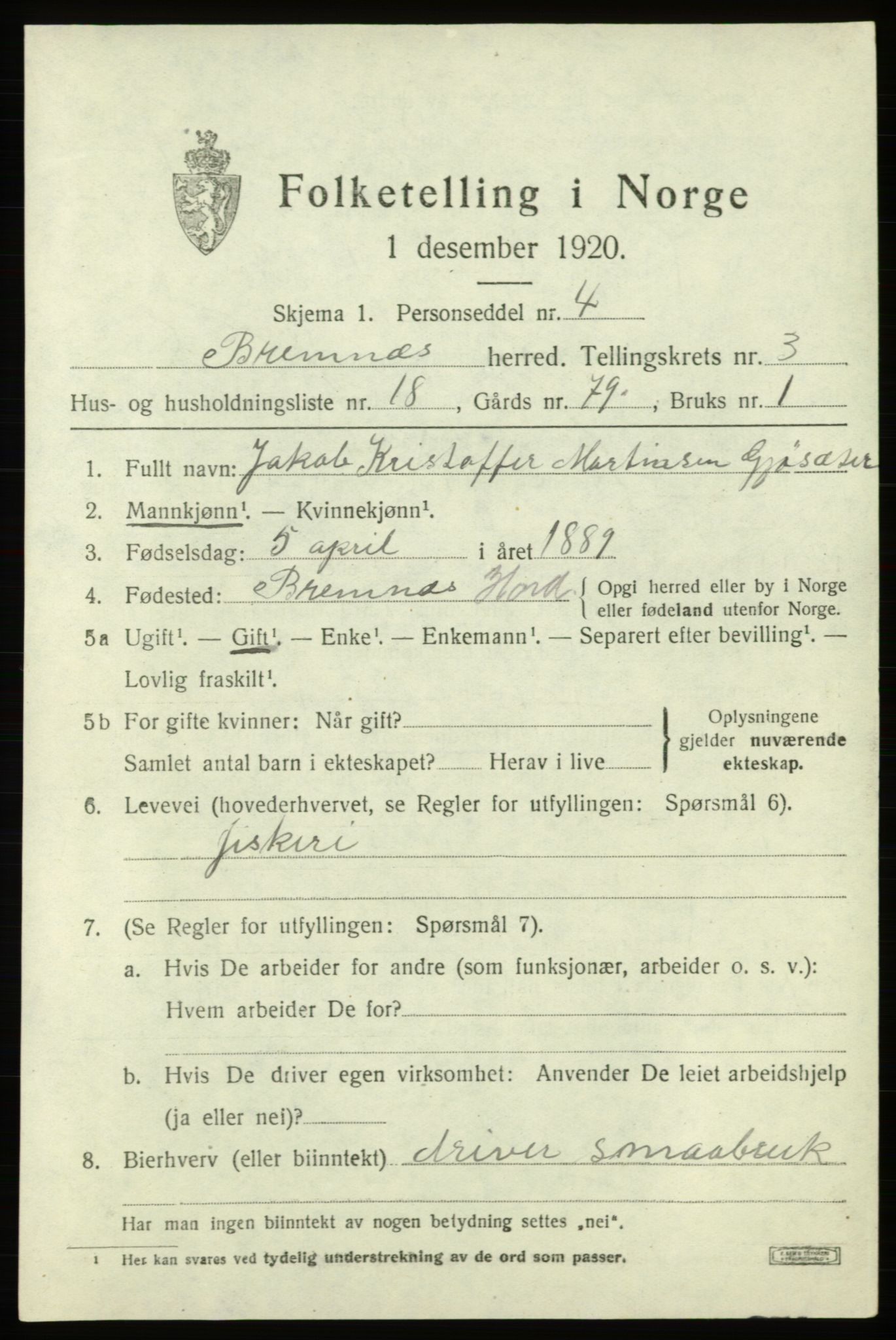 SAB, Folketelling 1920 for 1220 Bremnes herred, 1920, s. 1782
