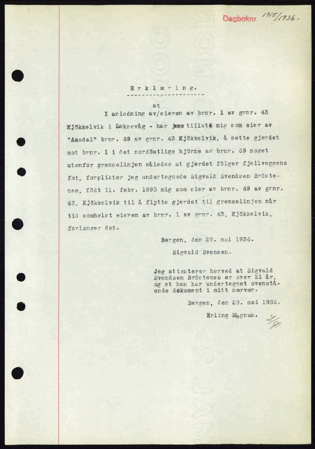 Midhordland sorenskriveri, SAB/A-3001/1/G/Gb/Gbk/L0001: Pantebok nr. A1-6, 1936-1937, Dagboknr: 1915/1936