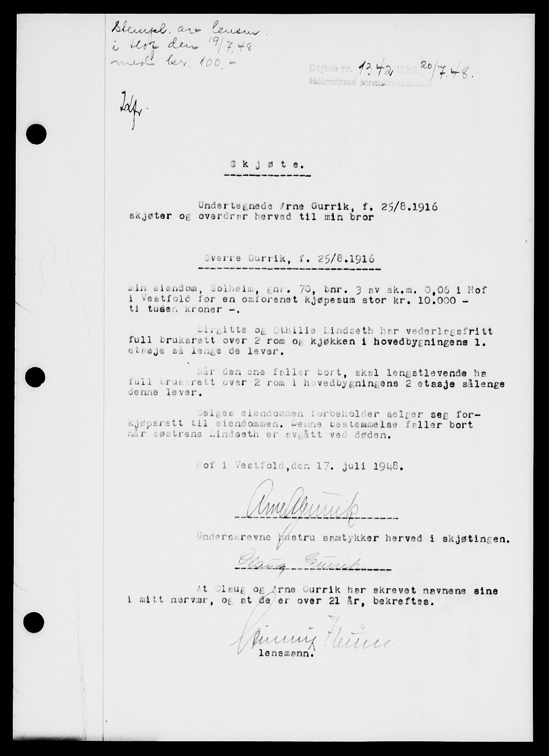 Holmestrand sorenskriveri, SAKO/A-67/G/Ga/Gaa/L0064: Pantebok nr. A-64, 1948-1948, Dagboknr: 1342/1948