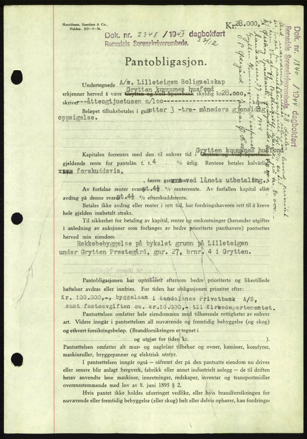 Romsdal sorenskriveri, SAT/A-4149/1/2/2C: Pantebok nr. B2, 1939-1945, Dagboknr: 2348/1943