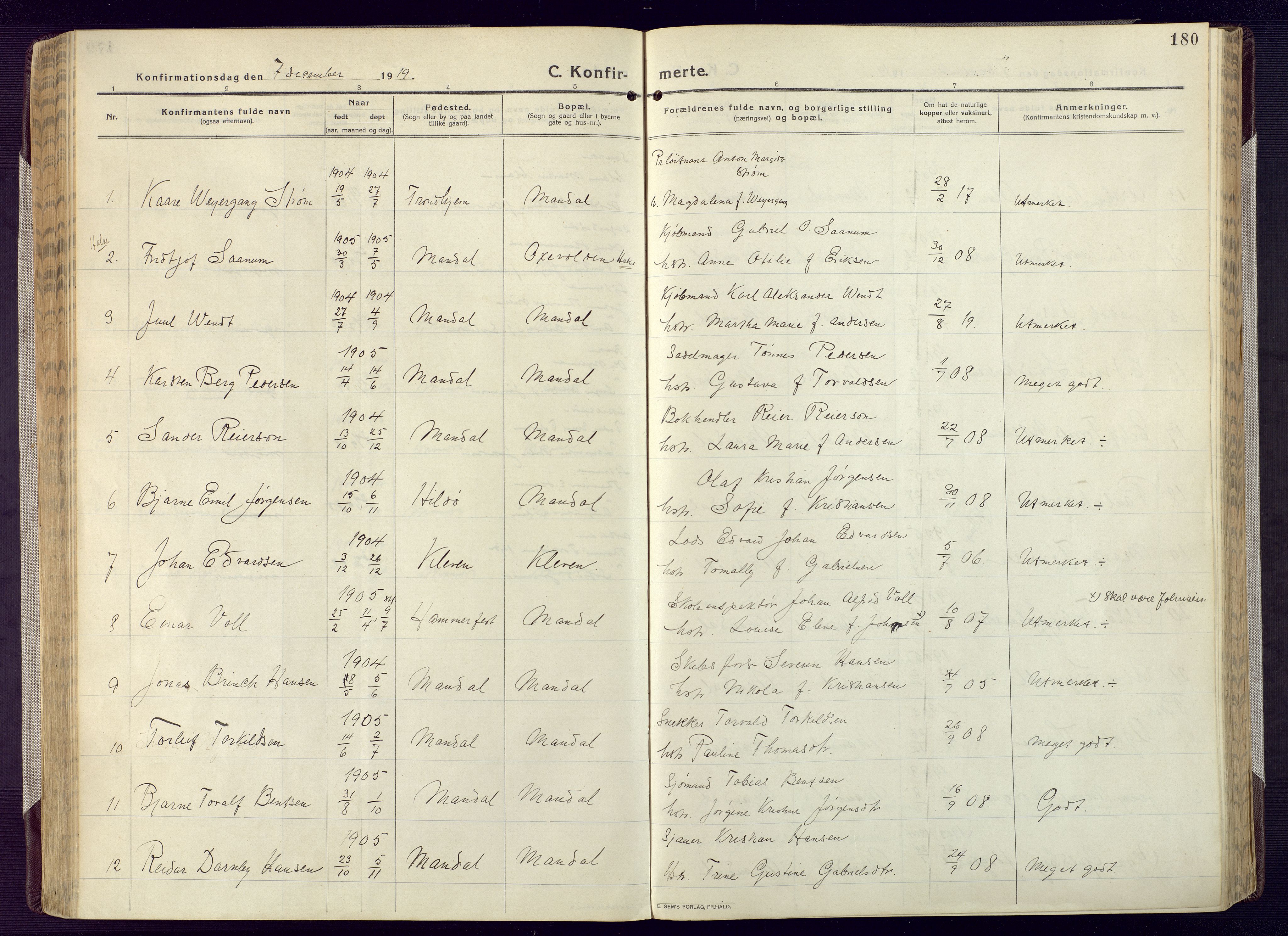 Mandal sokneprestkontor, AV/SAK-1111-0030/F/Fa/Fac/L0001: Ministerialbok nr. A 1, 1913-1925, s. 180